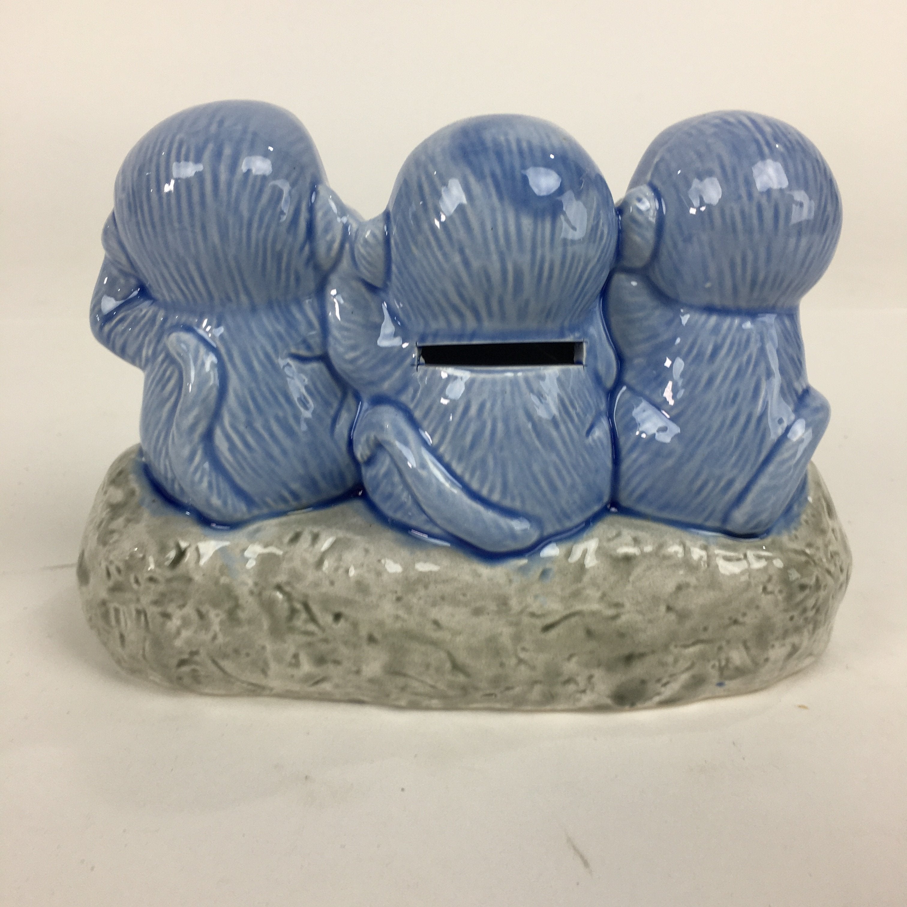 Japanese Porcelain Piggy Bank 3 Wise Monkeys Blue Ceramic Nikko Chokin Bakko