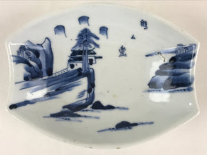 Japanese Porcelain Plate Boat Shape White Sometsuke Blue Sansui Kozara PY200