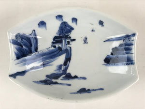 Japanese Porcelain Plate Boat Shape White Sometsuke Blue Sansui Kozara PY203