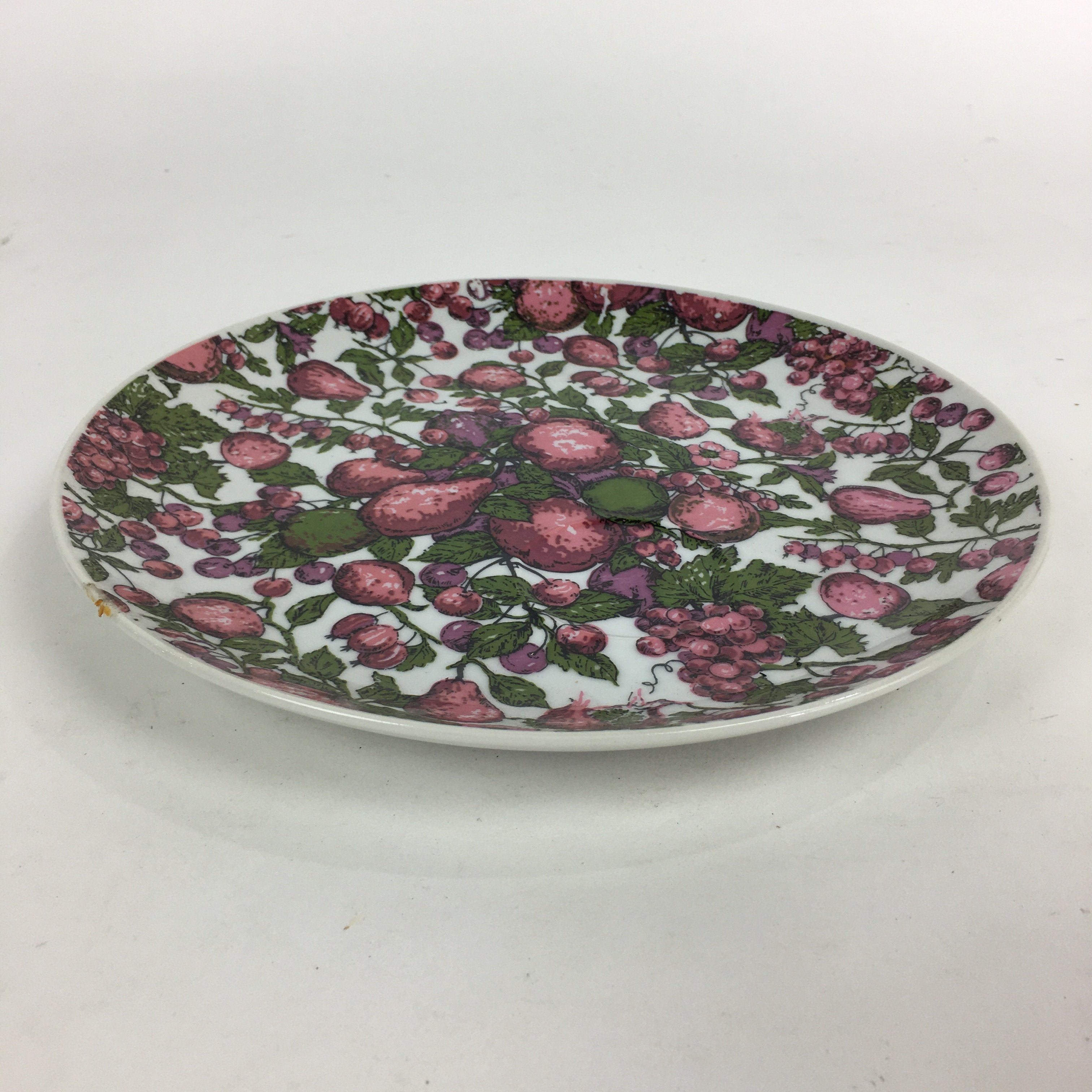 Japanese Porcelain Plate Sara Vtg Pink Figs Pomegranates Grapes Design Round PP7