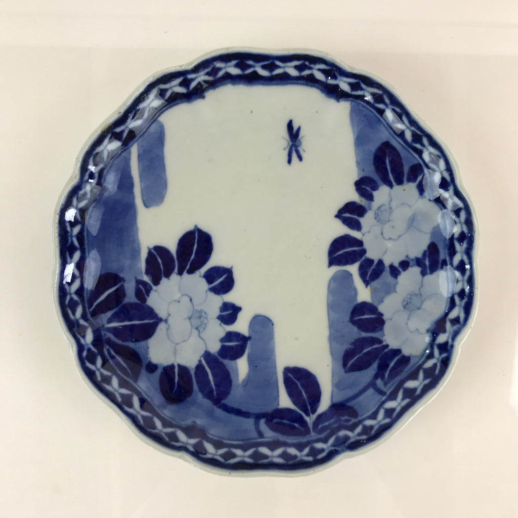Japanese Porcelain Plate Vtg Blue Sometsuke Camellia Flower Bee Sara PY139