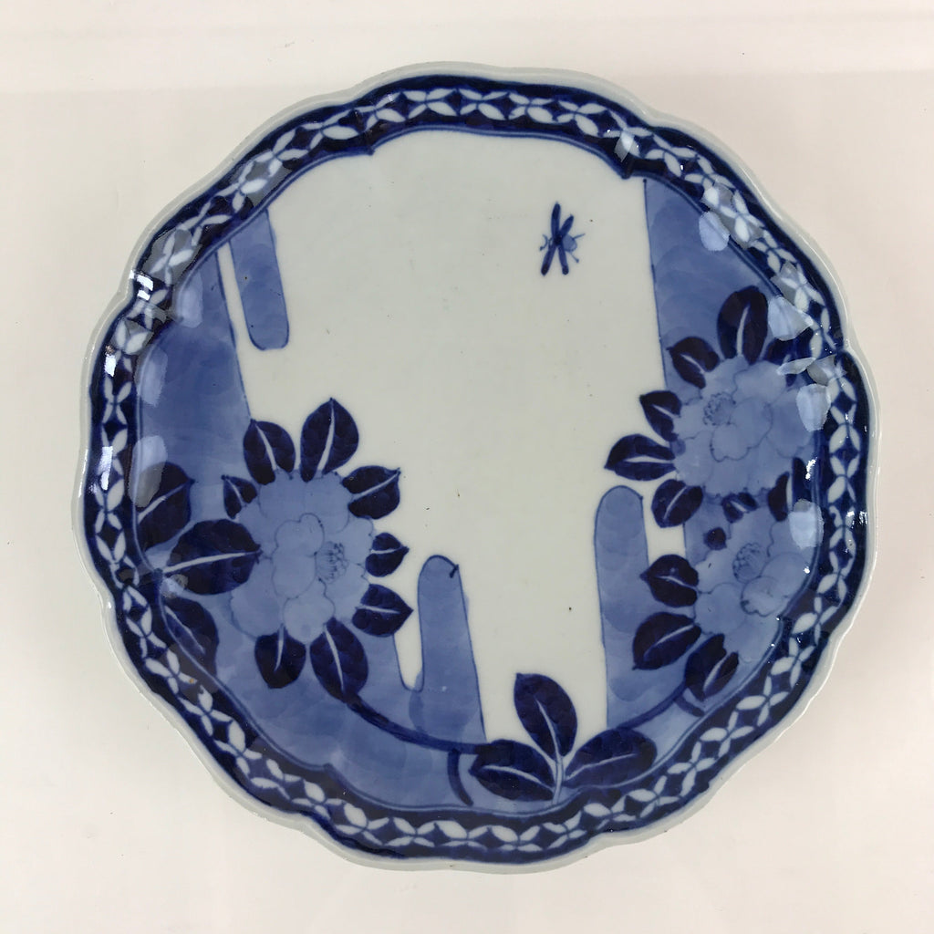 Japanese Porcelain Plate Vtg Blue Sometsuke Camellia Flower Bee Sara PY142