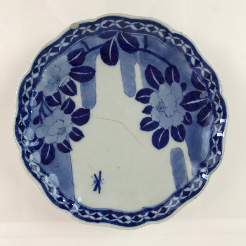 Japanese Porcelain Plate Vtg Blue Sometsuke Camellia Flower Bee Sara PY144