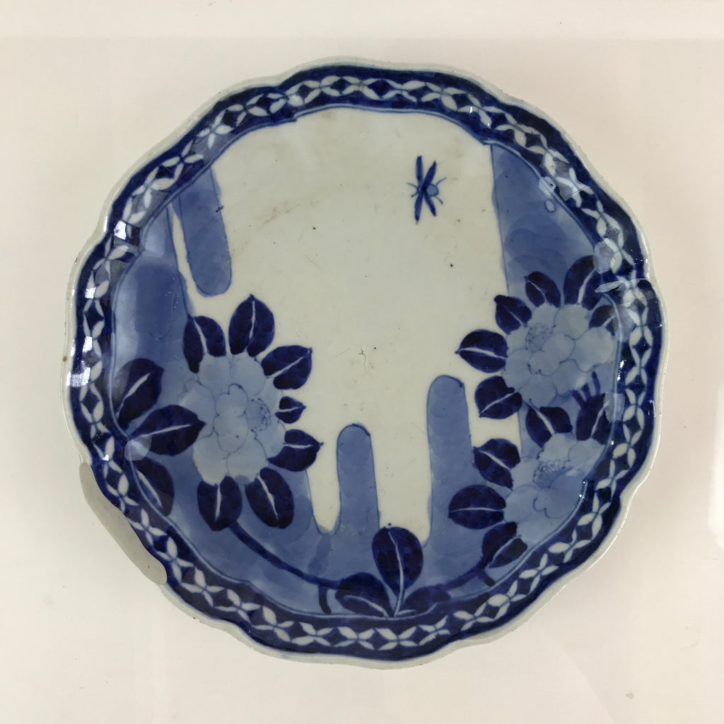 Japanese Porcelain Plate Vtg Blue Sometsuke Camellia Flower Bee Sara PY148