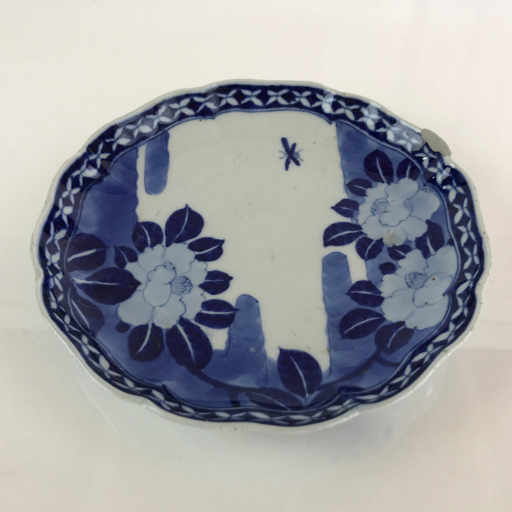 Japanese Porcelain Plate Vtg Blue Sometsuke Camellia Flower Bee Sara PY149