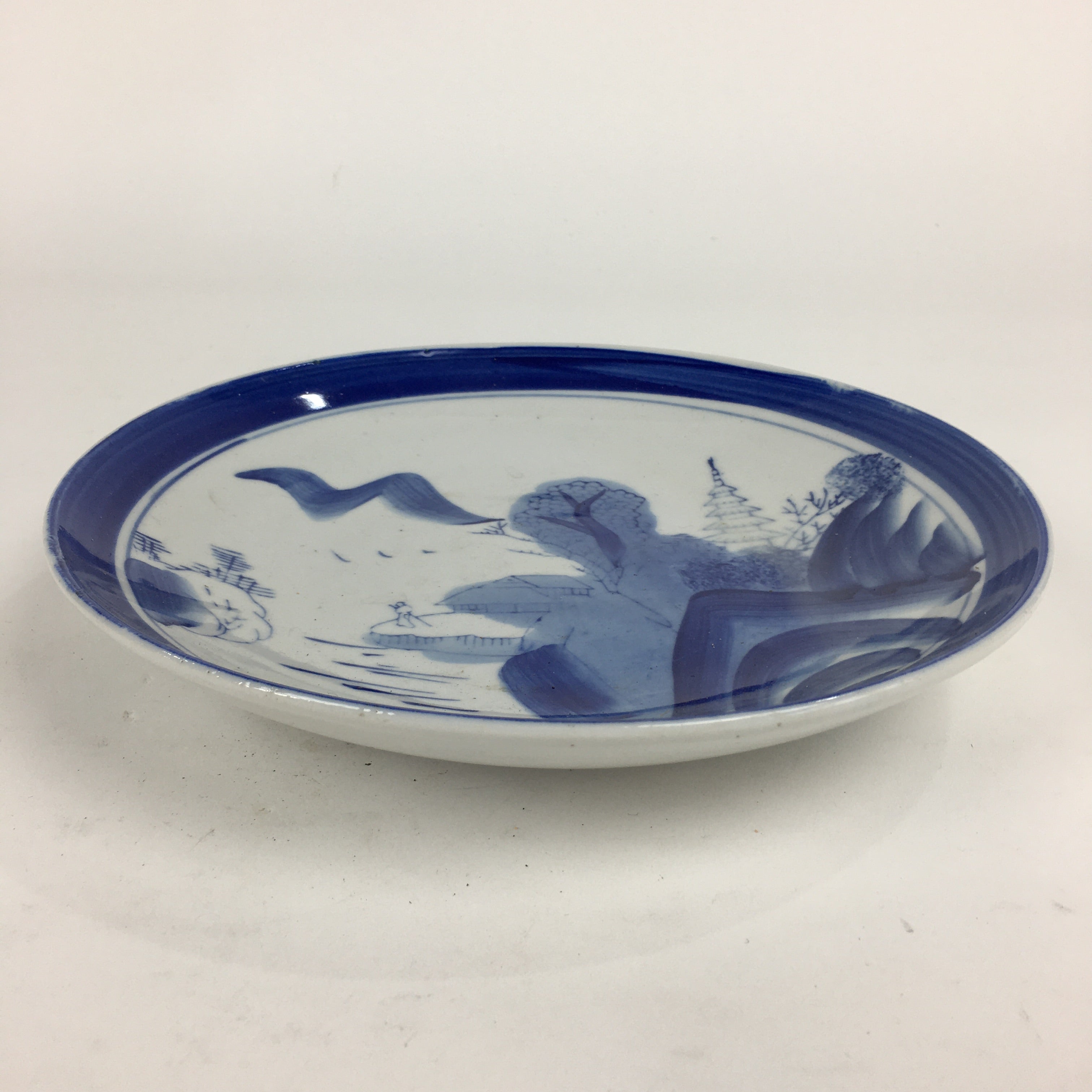 Japanese Porcelain Plate Vtg Blue Sometsuke Five-storied tower Round Sara PP7858