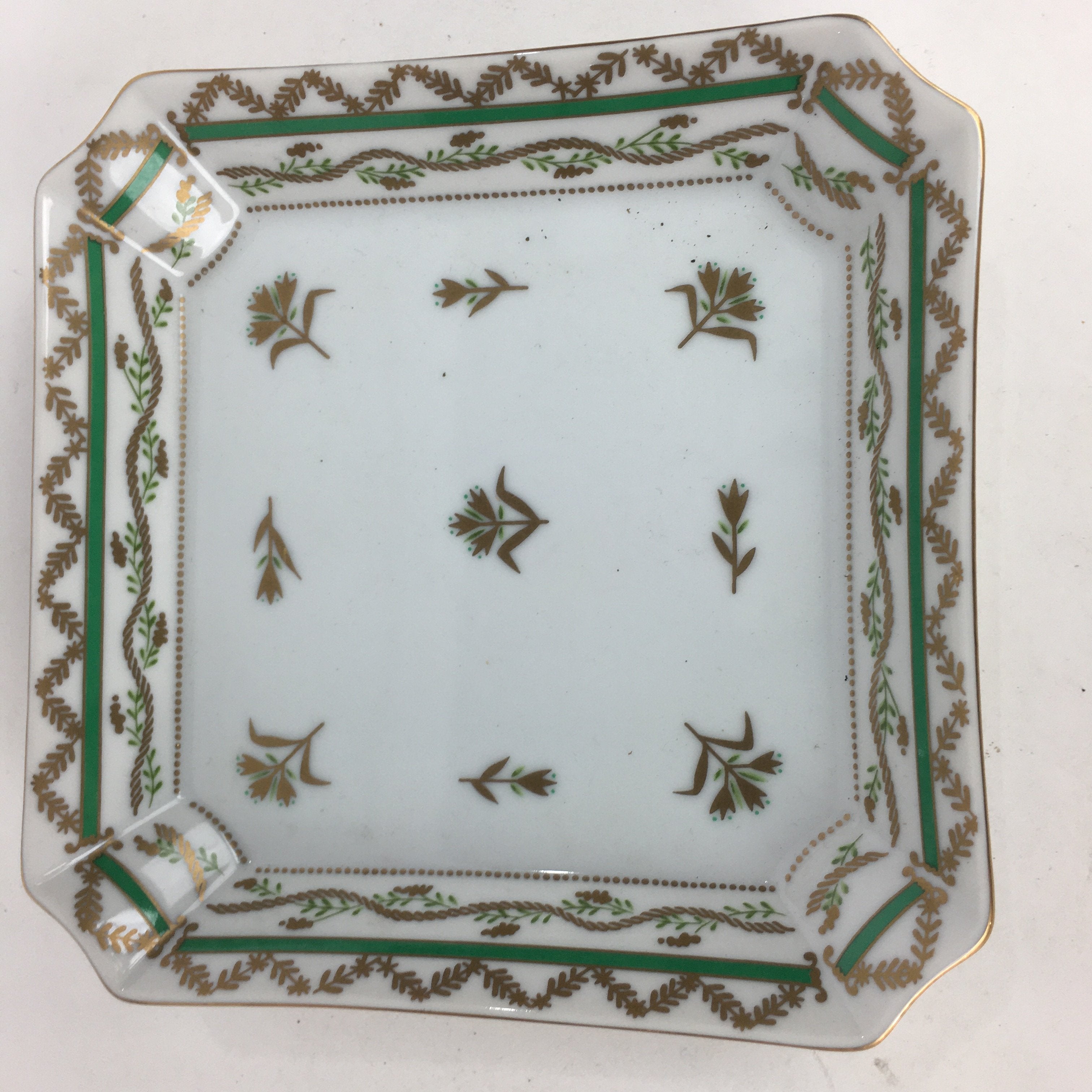 Japanese Porcelain Plate Vtg Gold Green Flower Pattern Square Shape Sara PP618
