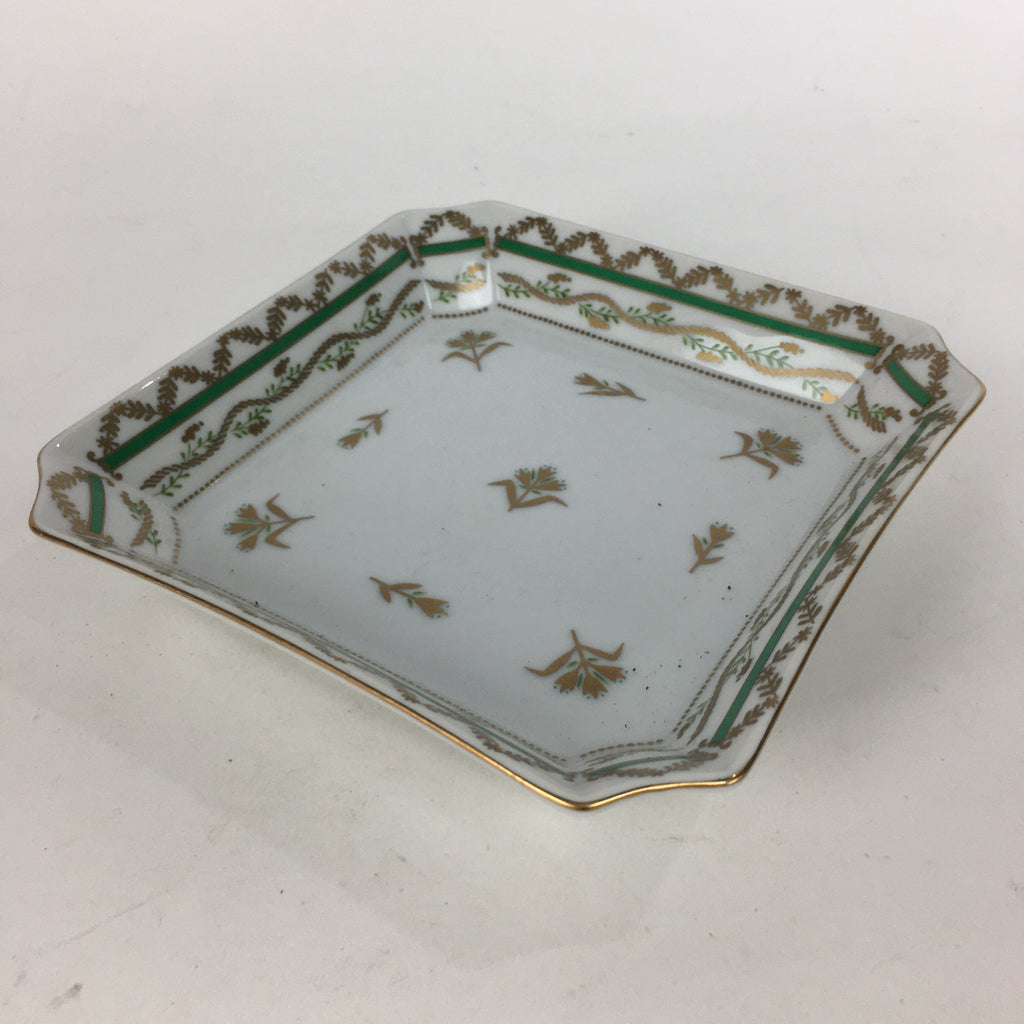 Japanese Porcelain Plate Vtg Gold Green Flower Pattern Square Shape Sara PP618