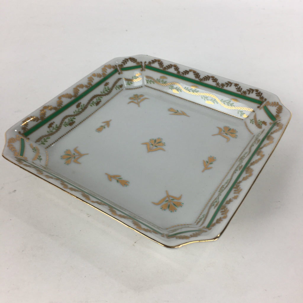 Japanese Porcelain Plate Vtg Gold Green Flower Pattern Square Shape Sara PP619