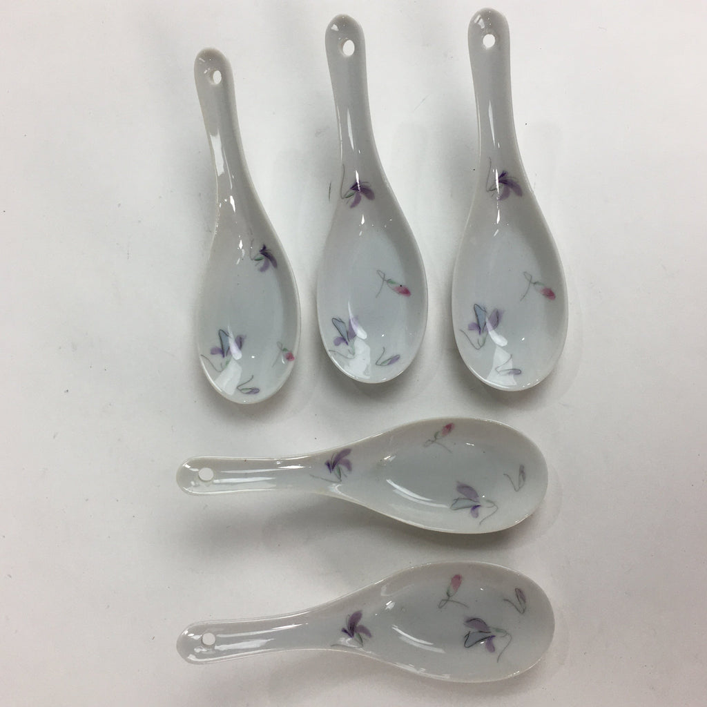 Japanese Porcelain Renge Spoon 5pc Set Vtg White Spoon Black Spoon Stand PP510