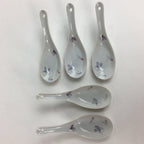 Japanese Porcelain Renge Spoon 5pc Set Vtg White Spoon Black Spoon Stand PP510
