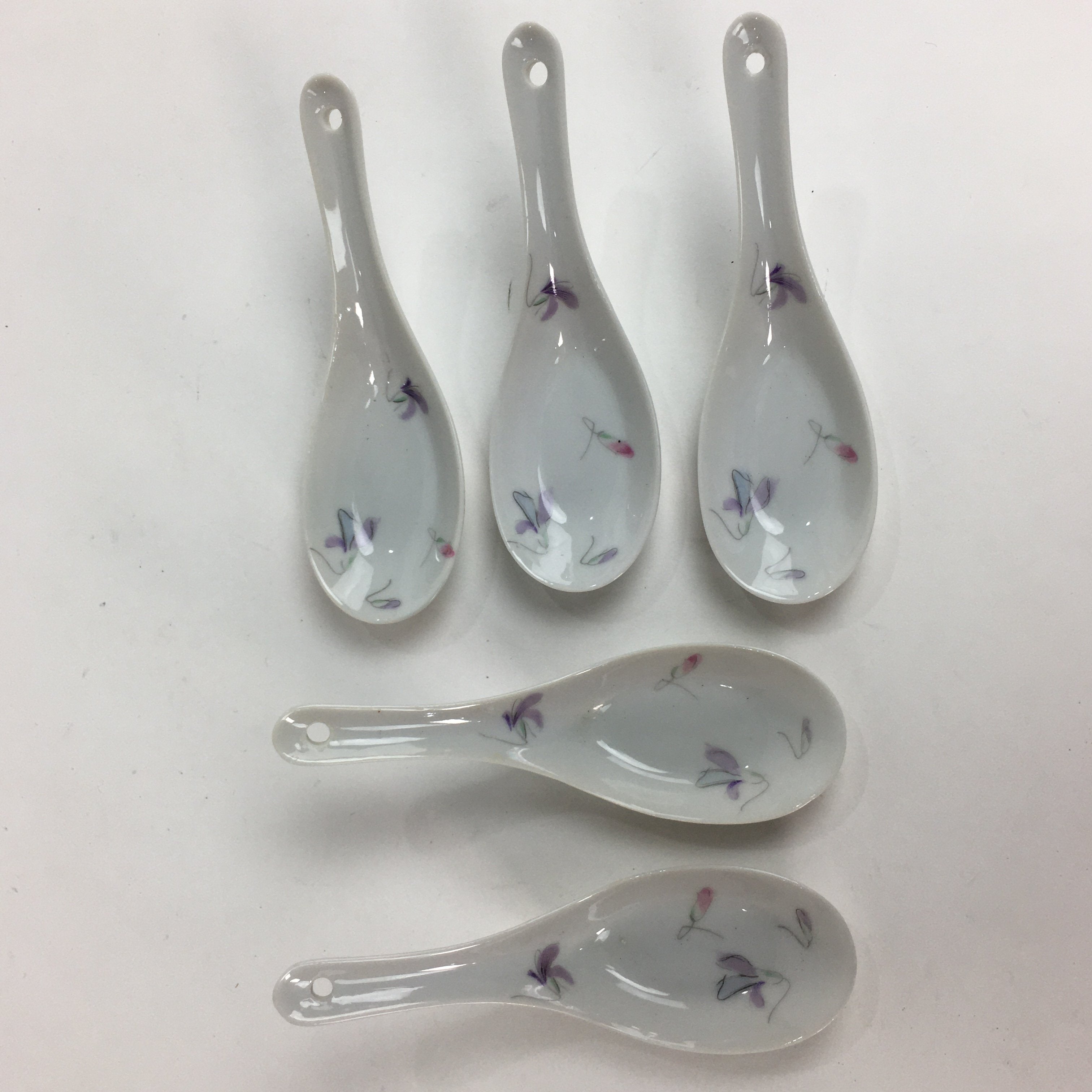 Japanese Porcelain Renge Spoon 5pc Set Vtg White Spoon Black Spoon Stand PP510