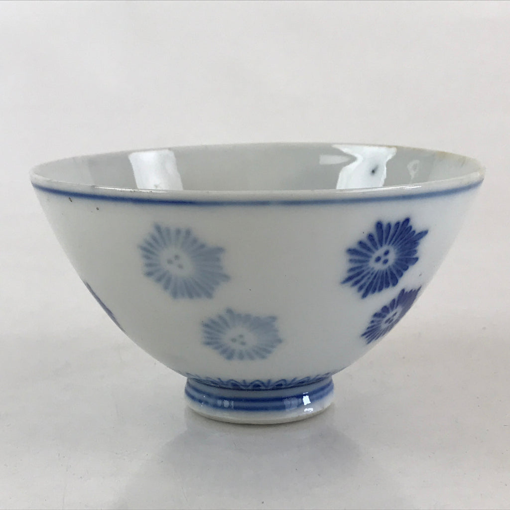 Japanese Porcelain Rice Bowl Vtg Blue Sometsuke Floral Pattern White Chawan PY26