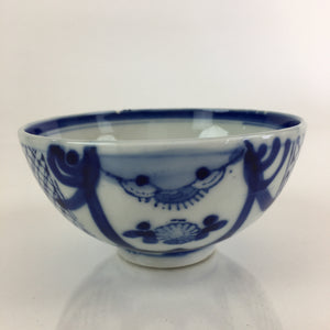 Japanese Porcelain Rice Bowl Vtg Blue White Hand Drawing Chawan PY118