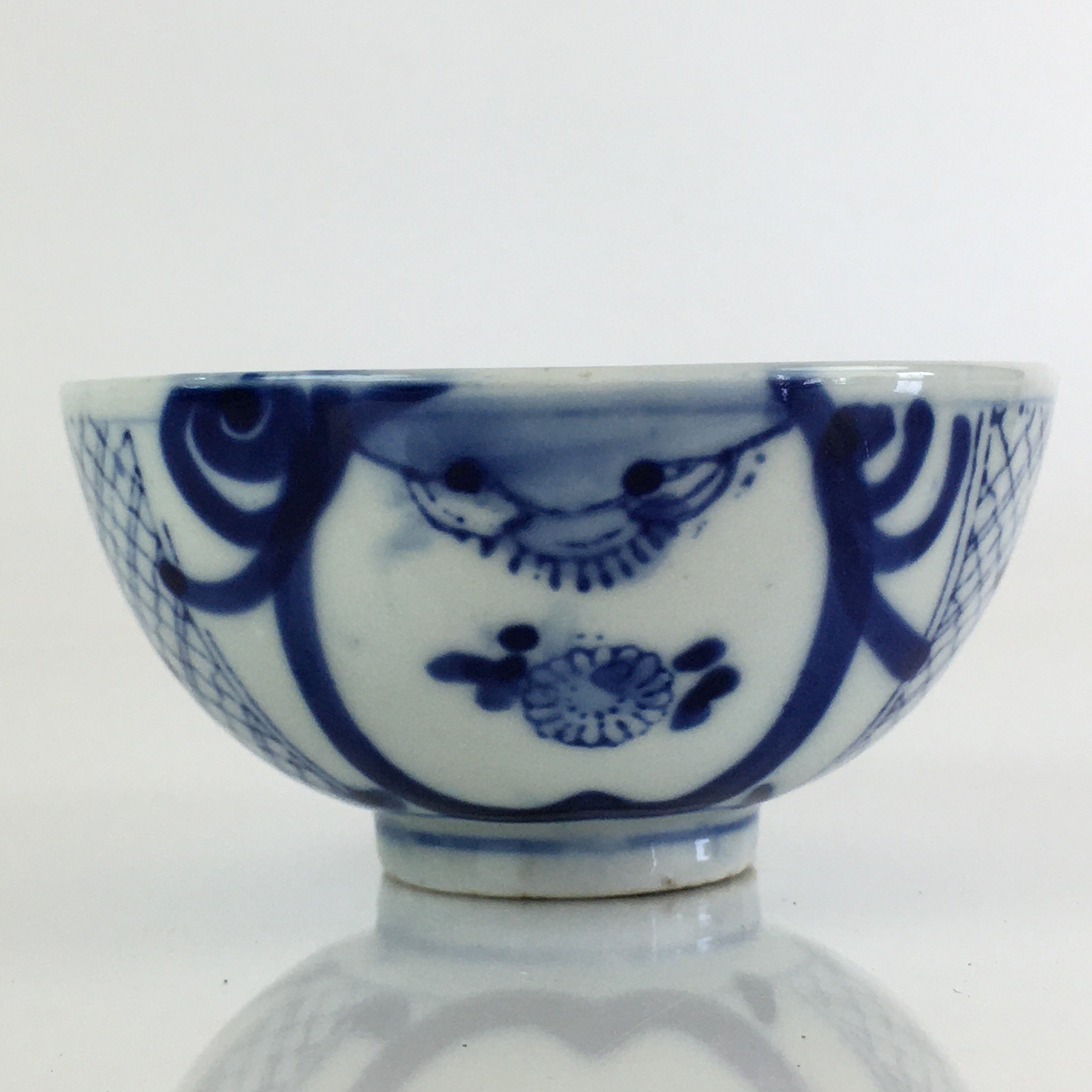 Japanese Porcelain Rice Bowl Vtg Blue White Hand Drawing Chawan PY119