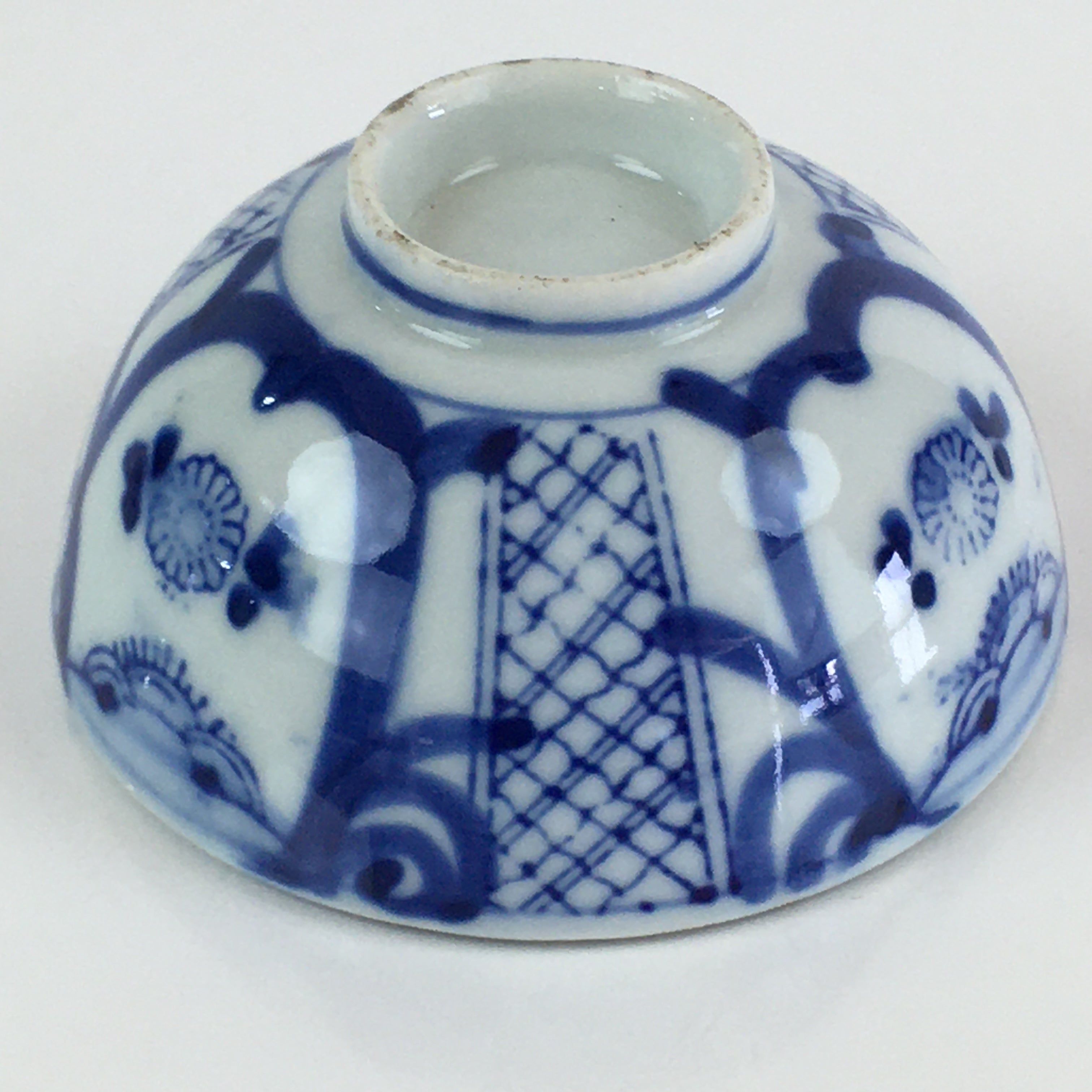 Japanese Porcelain Rice Bowl Vtg Blue White Hand Drawing Chawan PY120