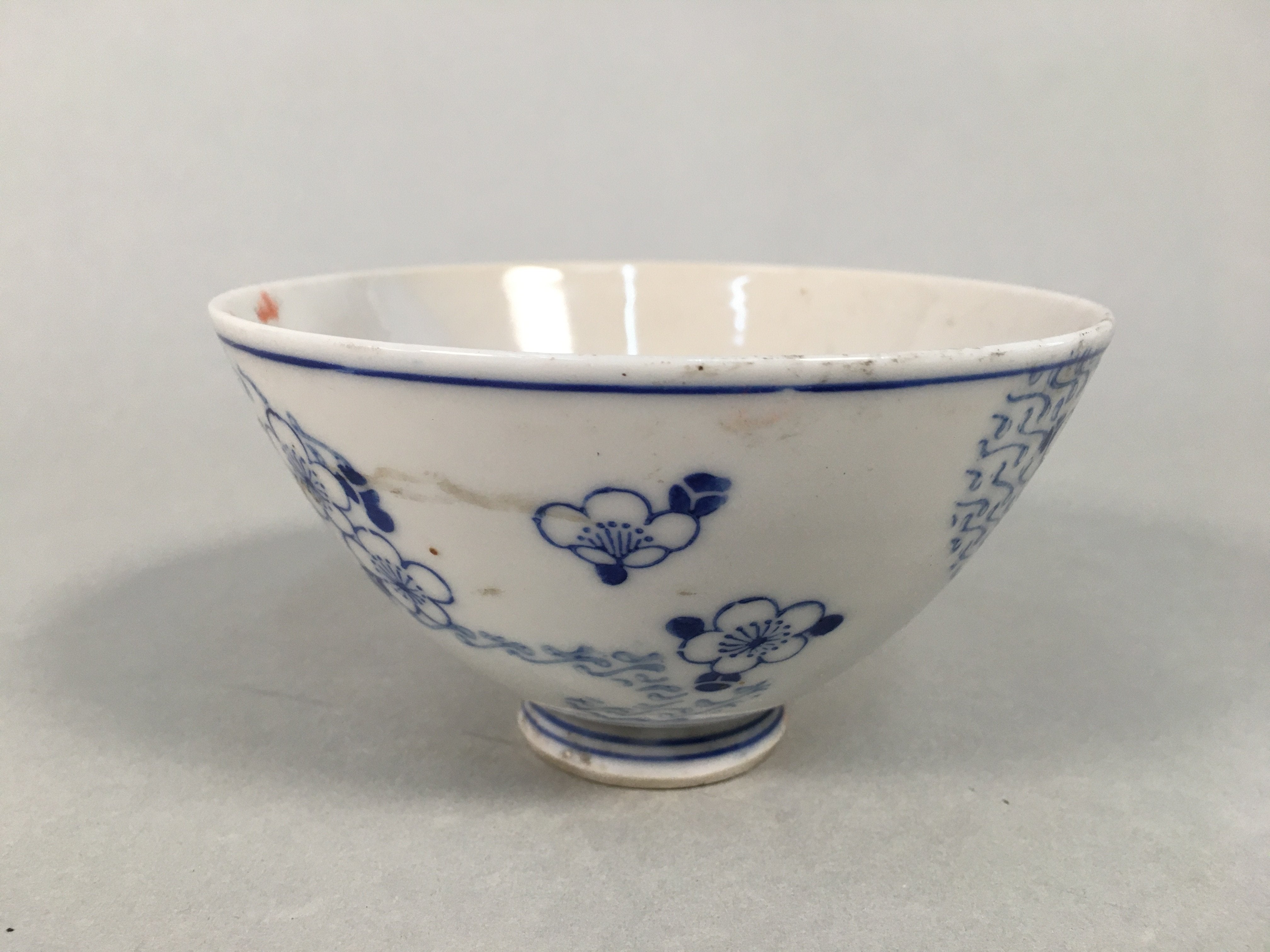 Japanese Porcelain Rice Bowl Vtg Blue White Sometsuke Plum Blossom PP443