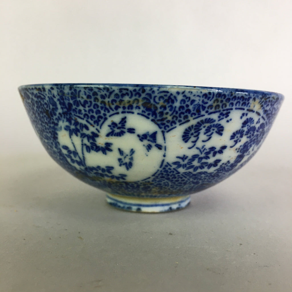 Japanese Porcelain Rice Bowl Vtg Chawan Blue White Bamboo Sometsuke PP476