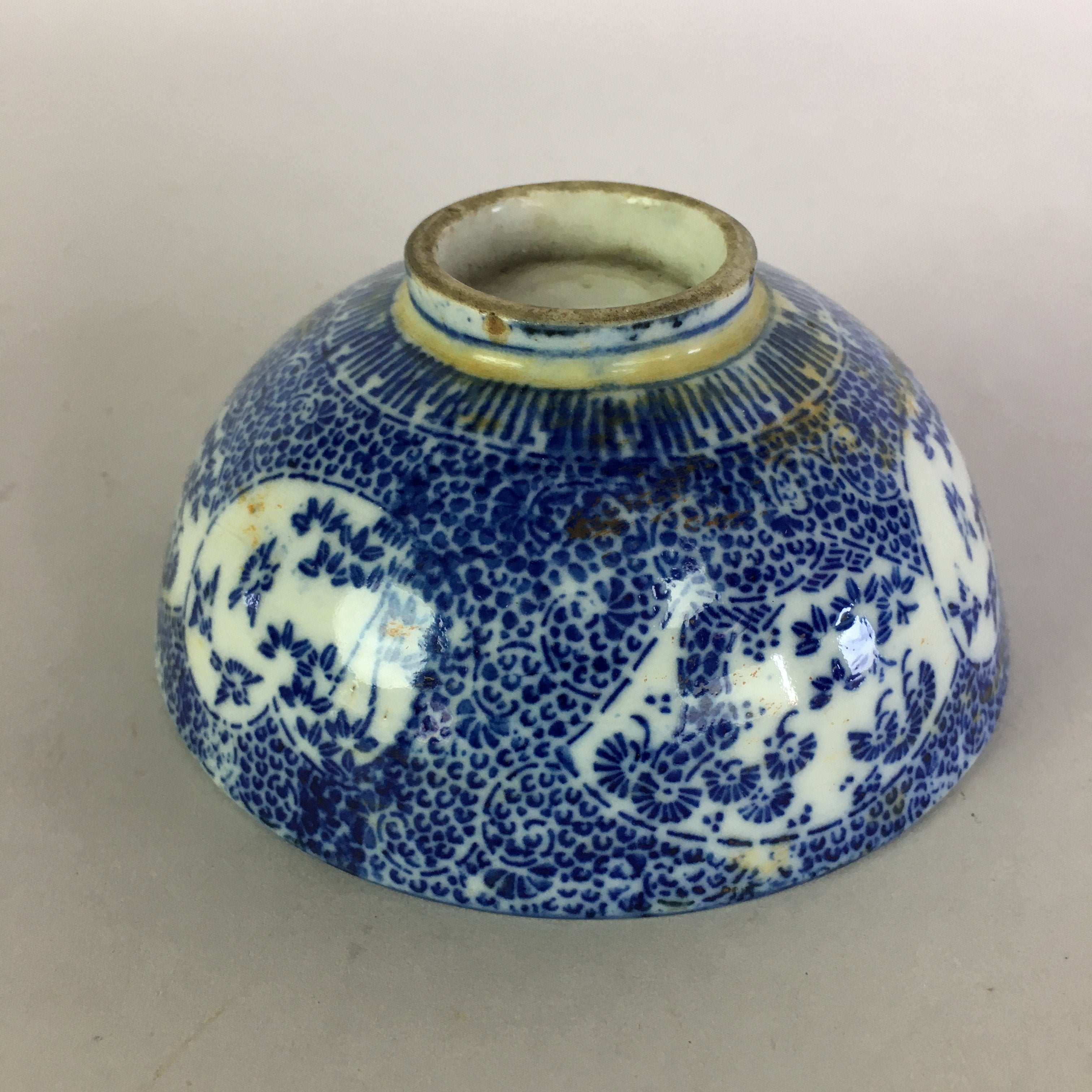 Japanese Porcelain Rice Bowl Vtg Chawan Blue White Bamboo Sometsuke PP476