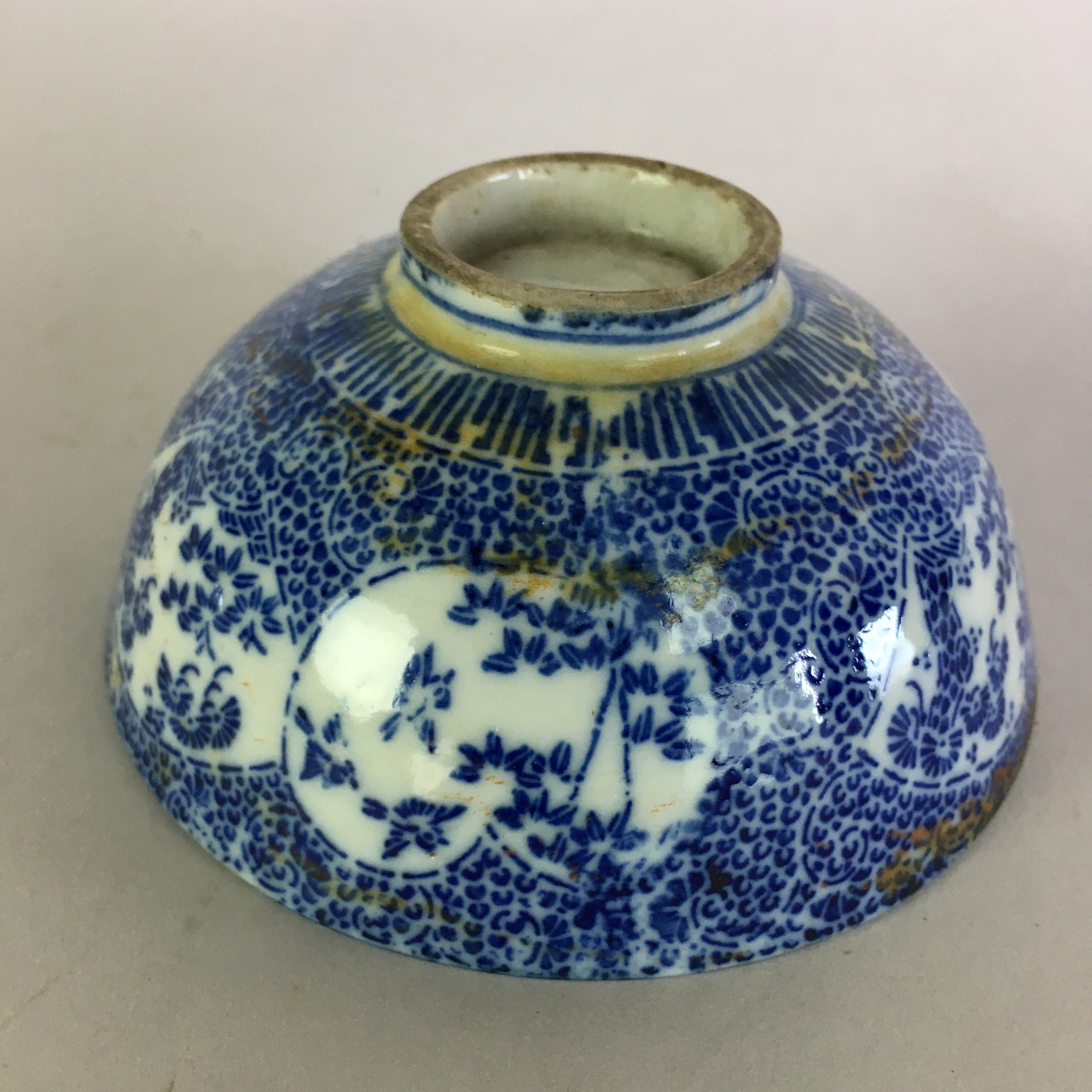 Japanese Porcelain Rice Bowl Vtg Chawan Blue White Bamboo Sometsuke PP476