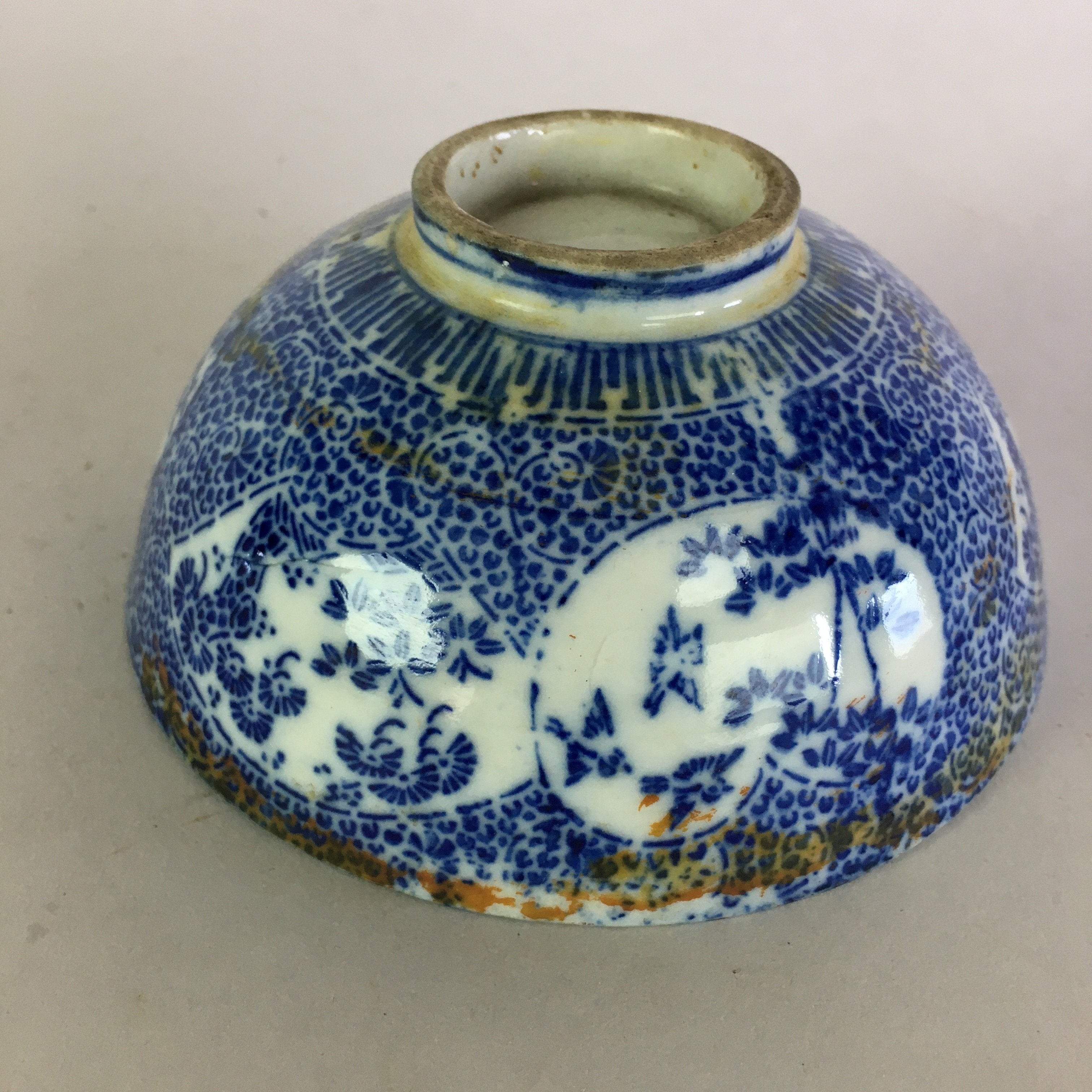 Japanese Porcelain Rice Bowl Vtg Chawan Blue White Bamboo Sometsuke PP476