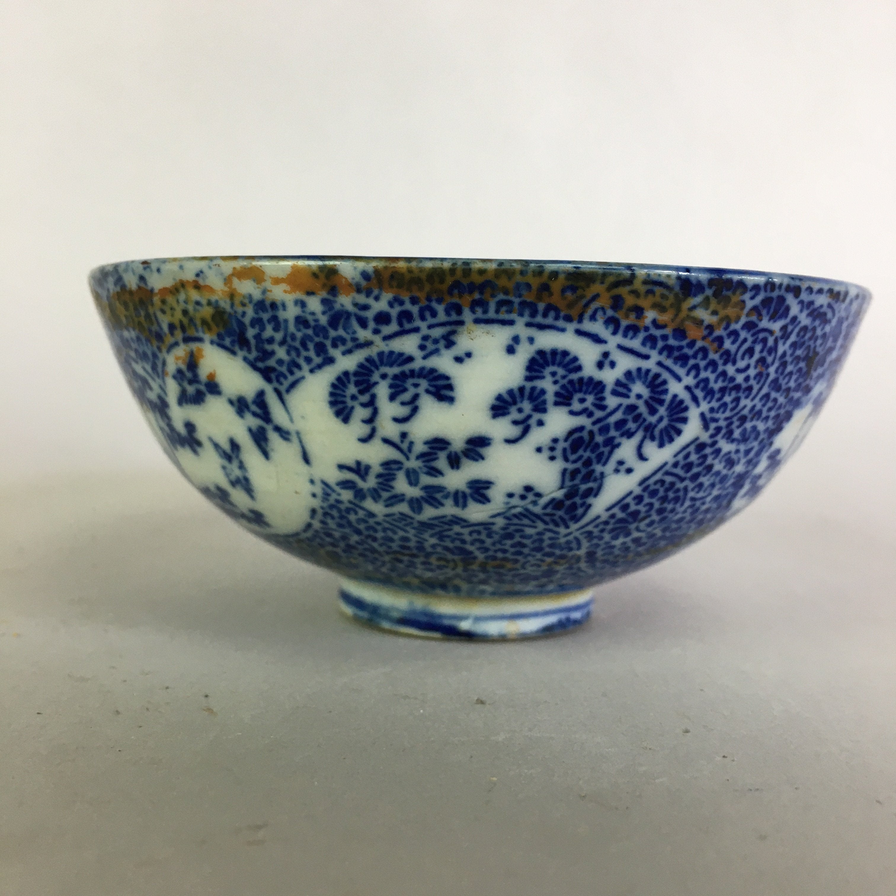 Japanese Porcelain Rice Bowl Vtg Chawan Blue White Bamboo Sometsuke PP476