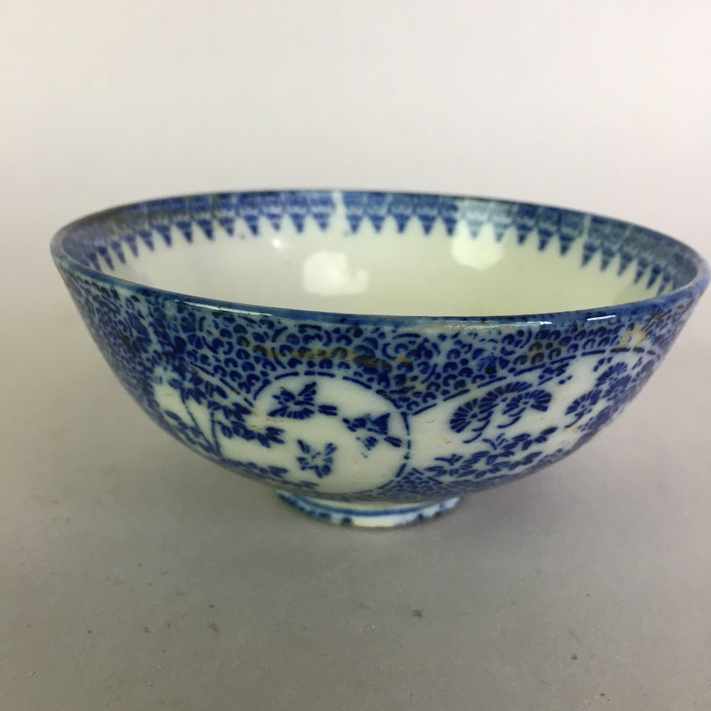 Japanese Porcelain Rice Bowl Vtg Chawan Blue White Bamboo Sometsuke PP476