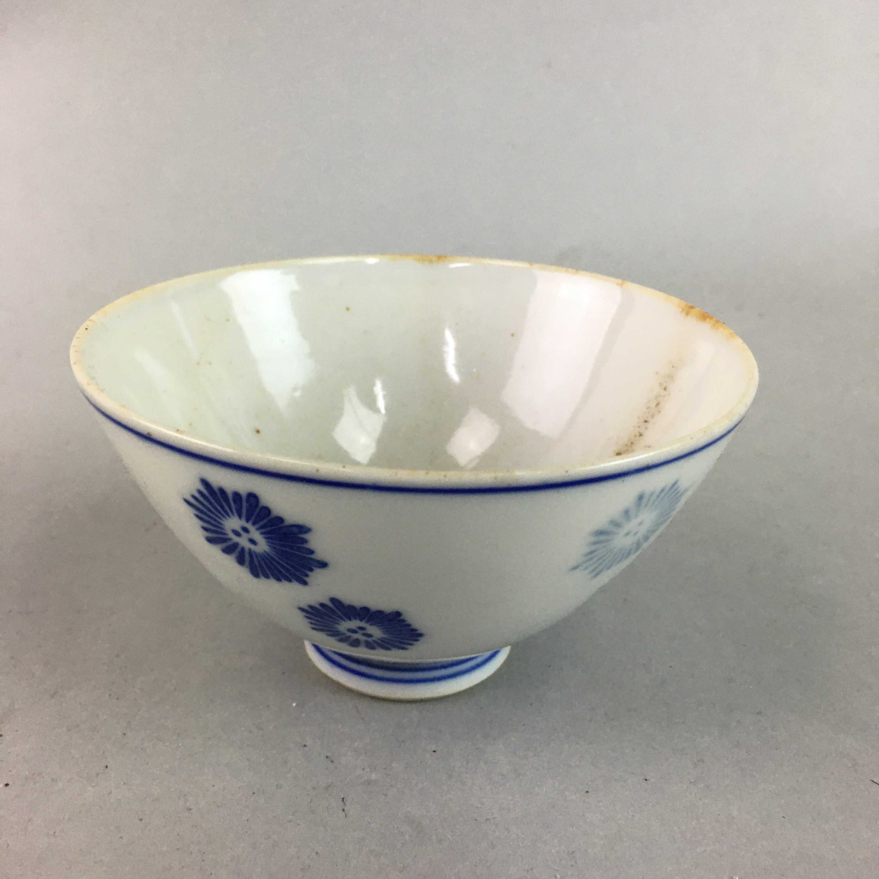 Japanese Porcelain Rice Bowl Vtg Chawan Blue White Floral Sometsuke PP216