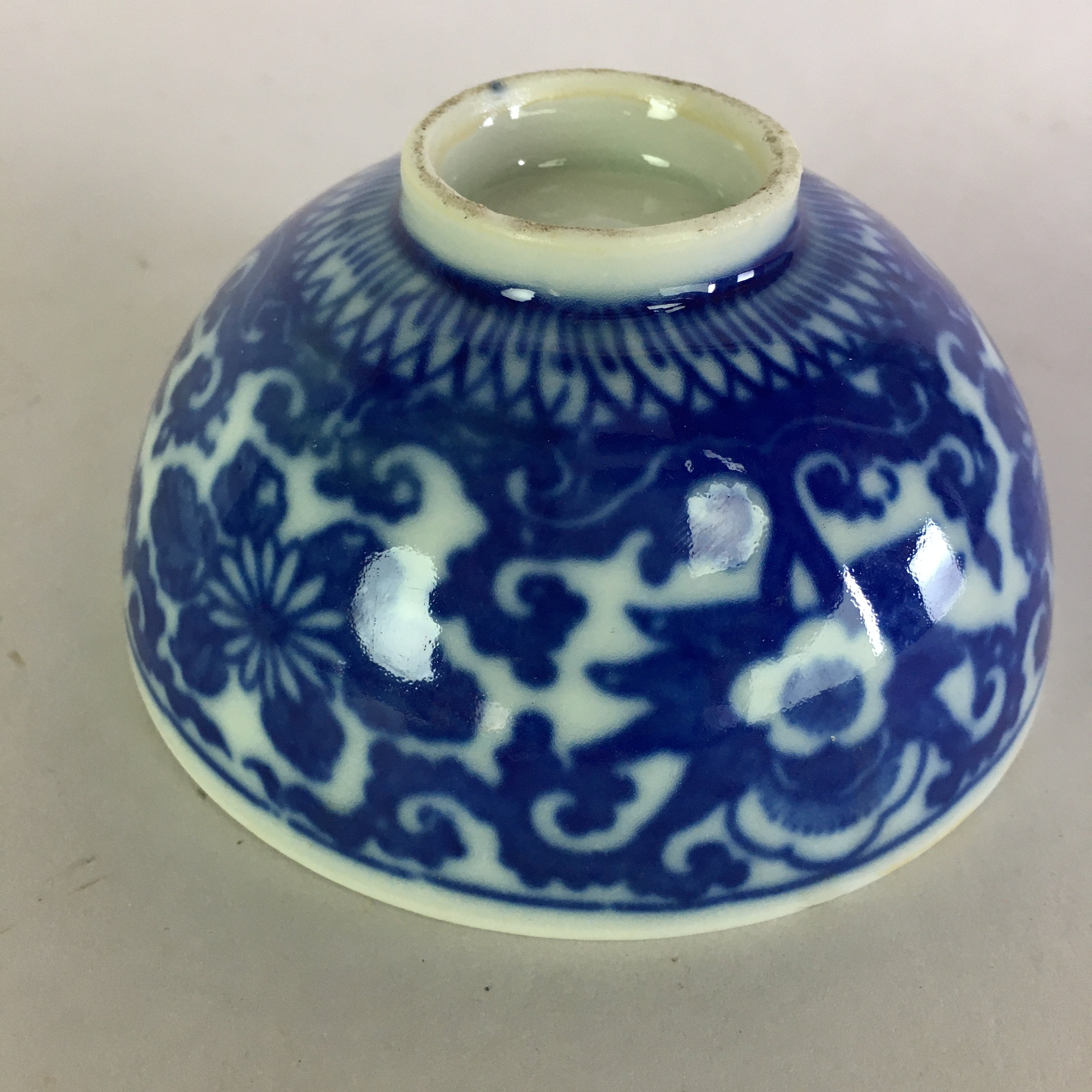 Japanese Porcelain Rice Bowl Vtg Chawan Blue White Flower Sometsuke PP475