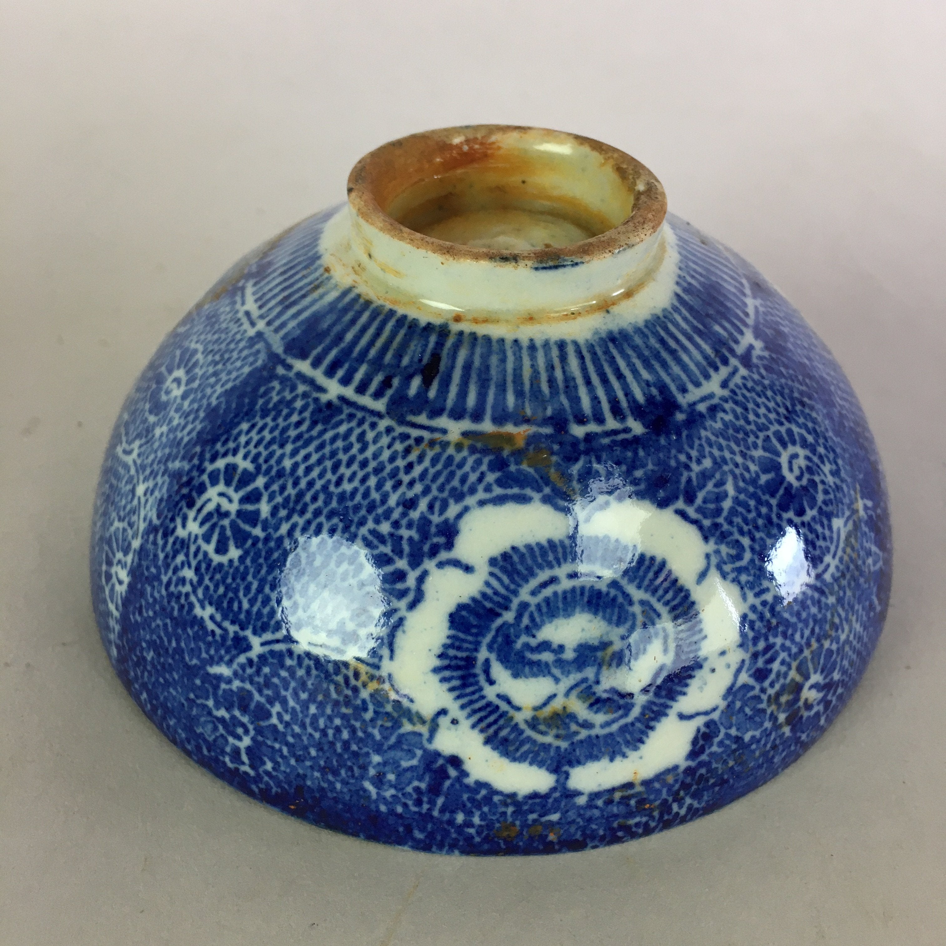 Japanese Porcelain Rice Bowl Vtg Chawan Blue White Flower Sometsuke PP477