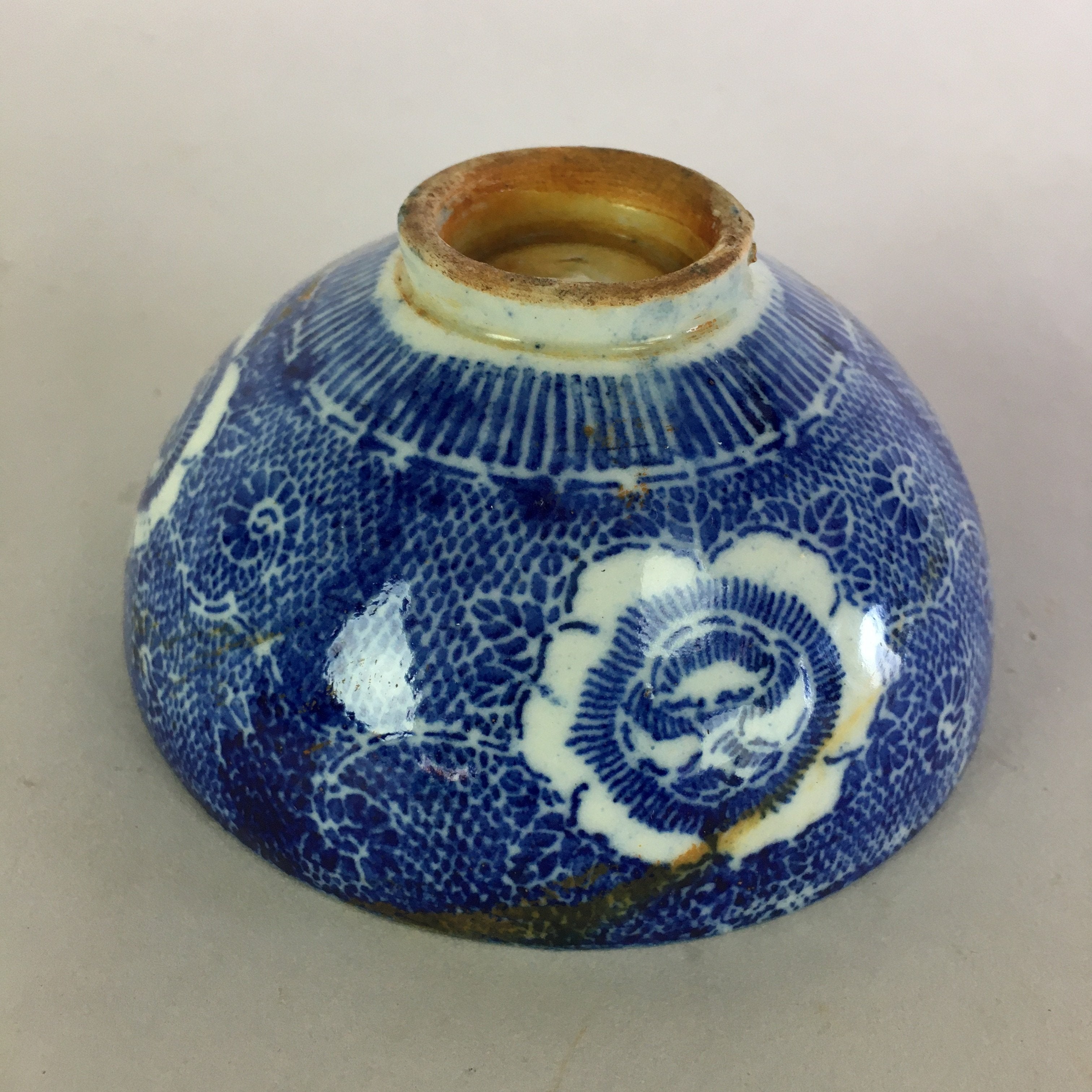 Japanese Porcelain Rice Bowl Vtg Chawan Blue White Flower Sometsuke PP477