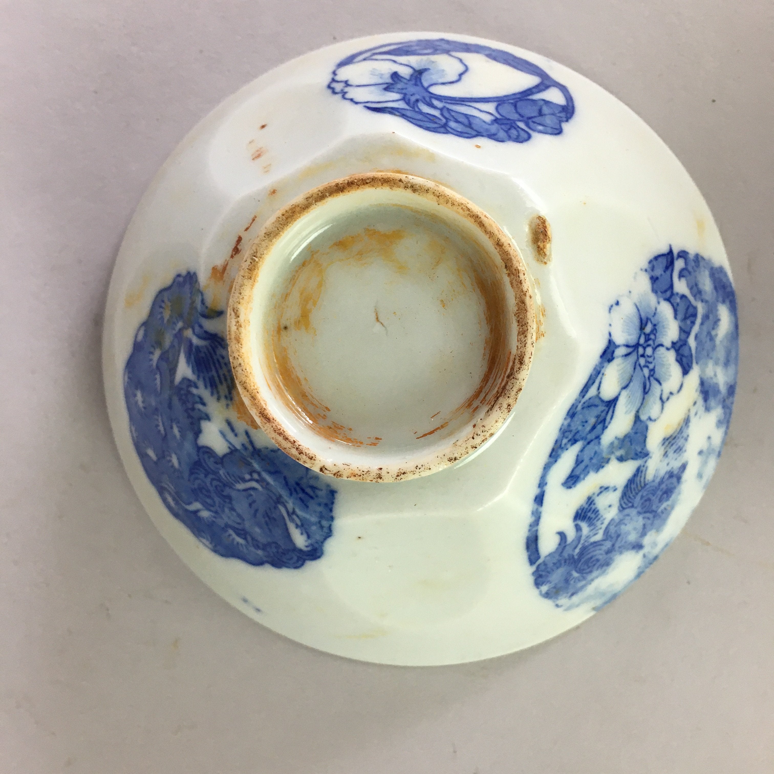 Japanese Porcelain Rice Bowl Vtg Chawan Blue White Flower Sometsuke PP481