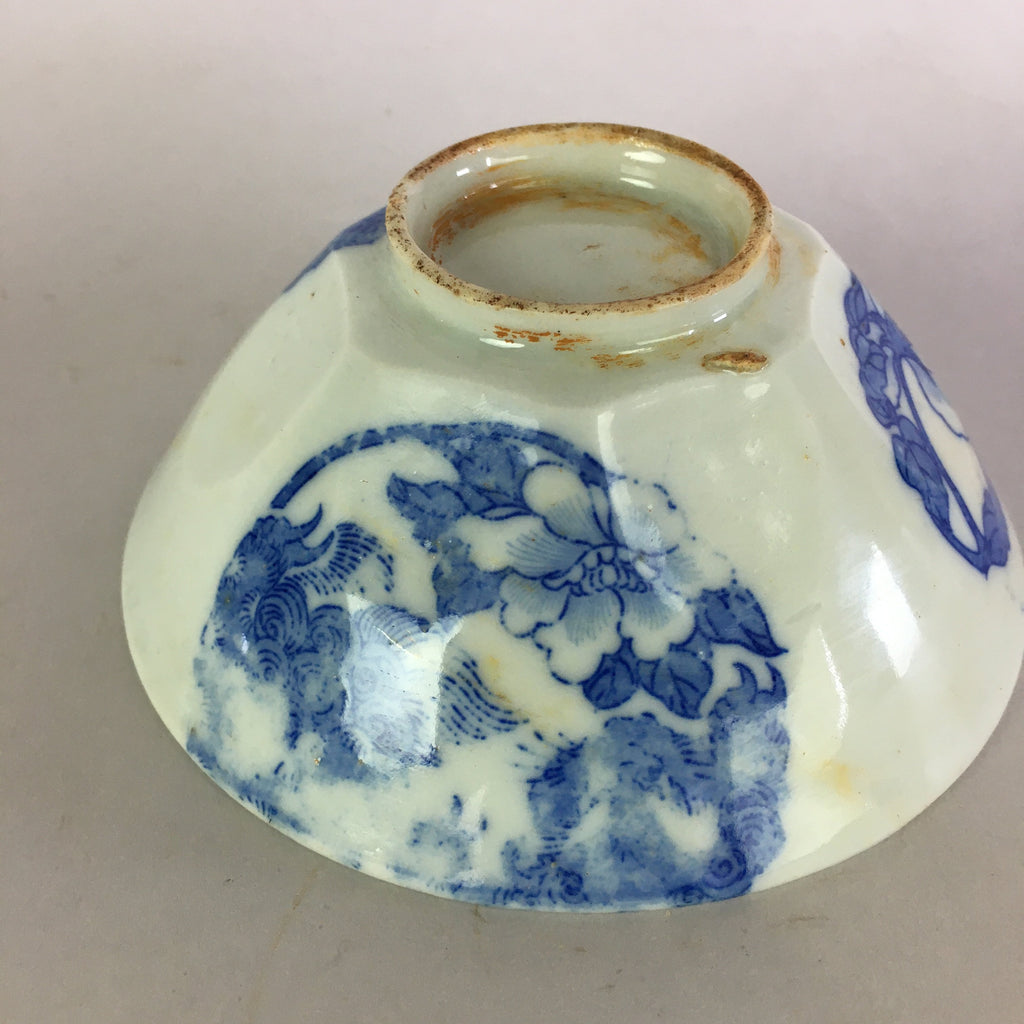 Japanese Porcelain Rice Bowl Vtg Chawan Blue White Flower Sometsuke PP481