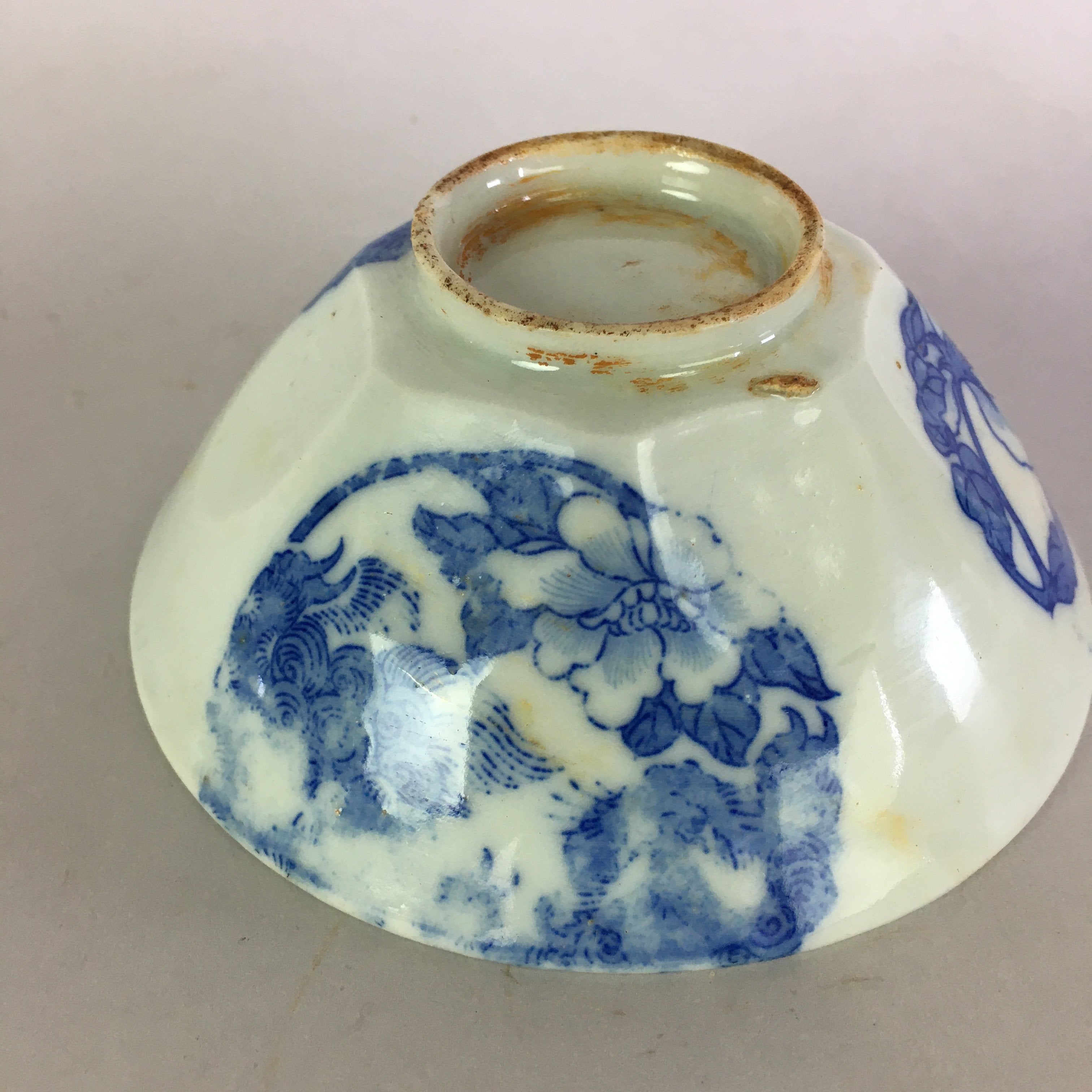 Japanese Porcelain Rice Bowl Vtg Chawan Blue White Flower Sometsuke PP481
