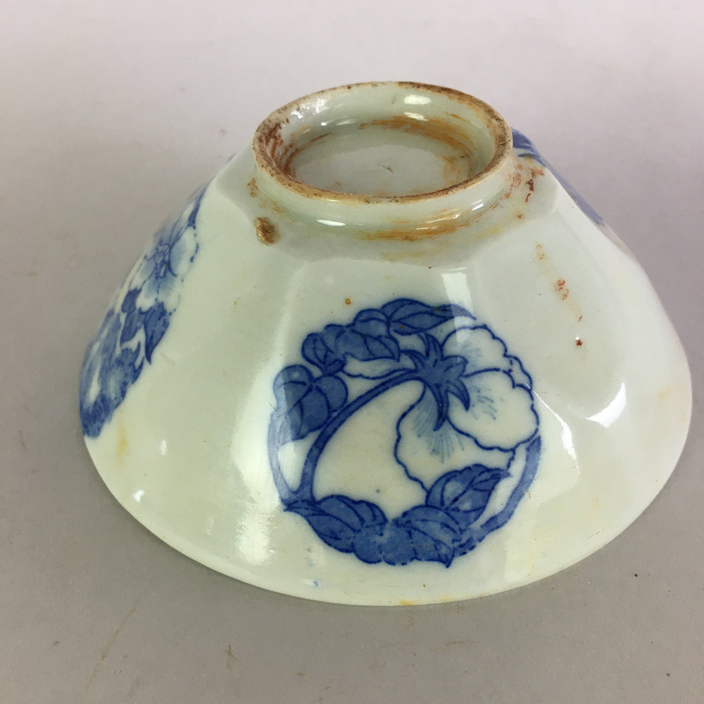 Japanese Porcelain Rice Bowl Vtg Chawan Blue White Flower Sometsuke PP481