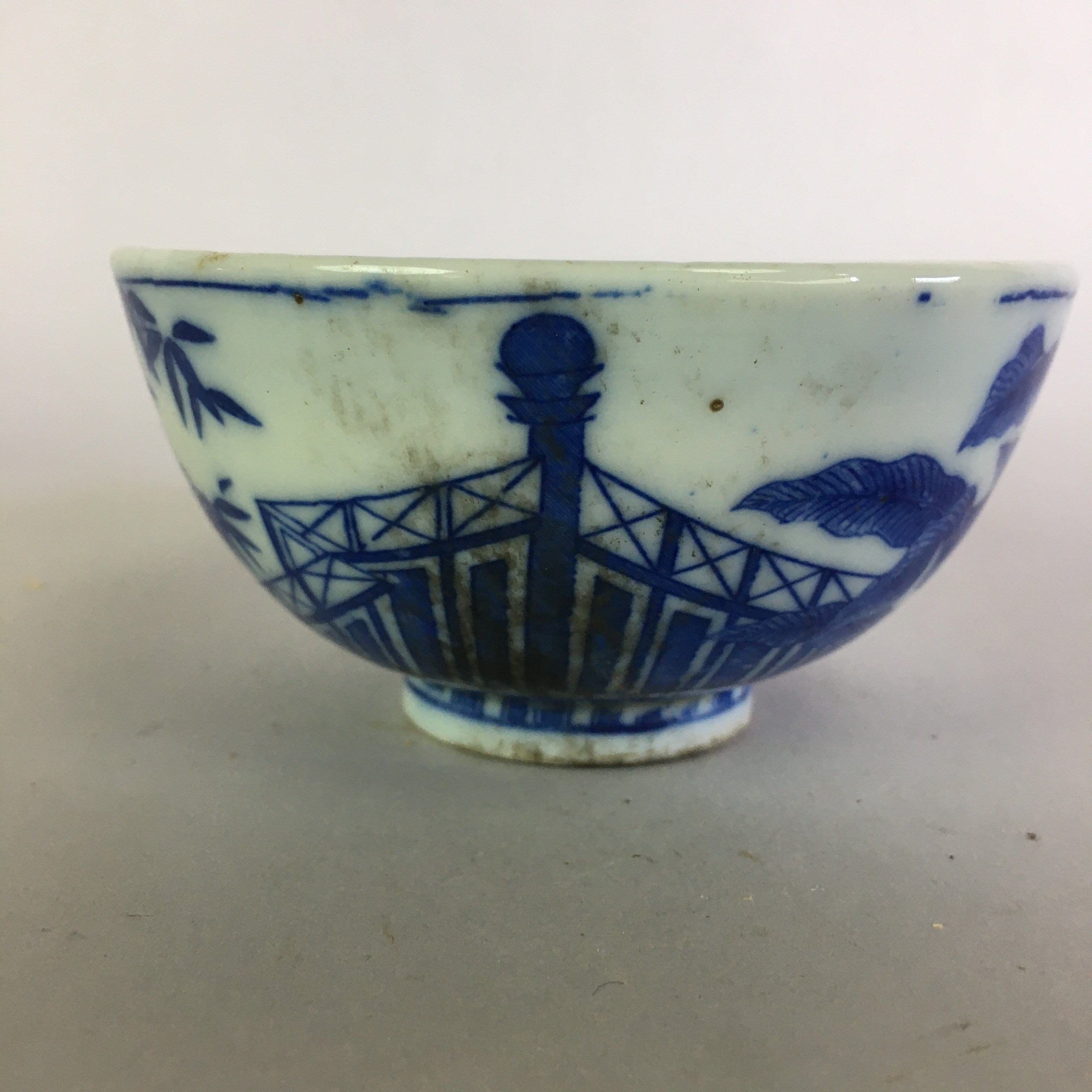 Japanese Porcelain Rice Bowl Vtg Chawan Blue White Sometsuke PP468