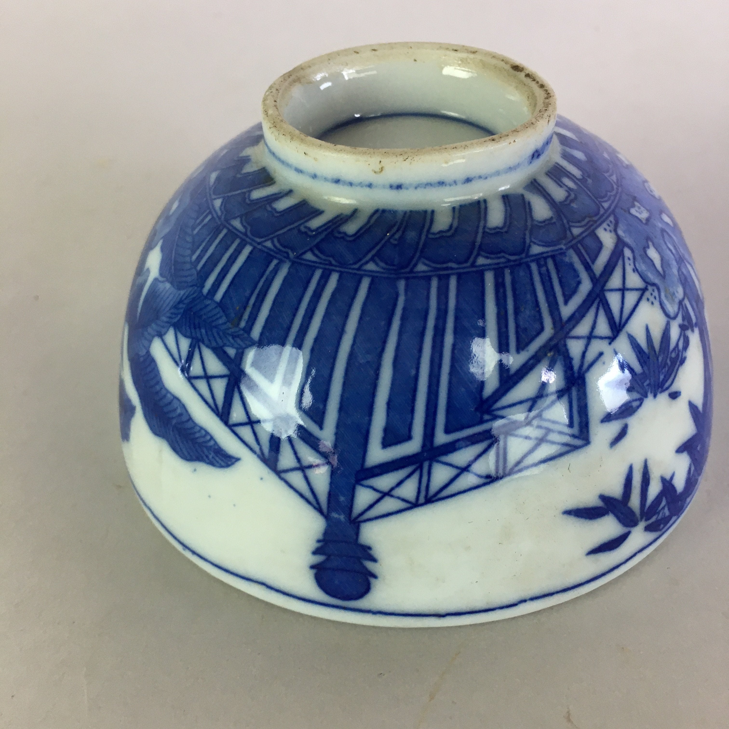 Japanese Porcelain Rice Bowl Vtg Chawan Blue White Sometsuke PP473