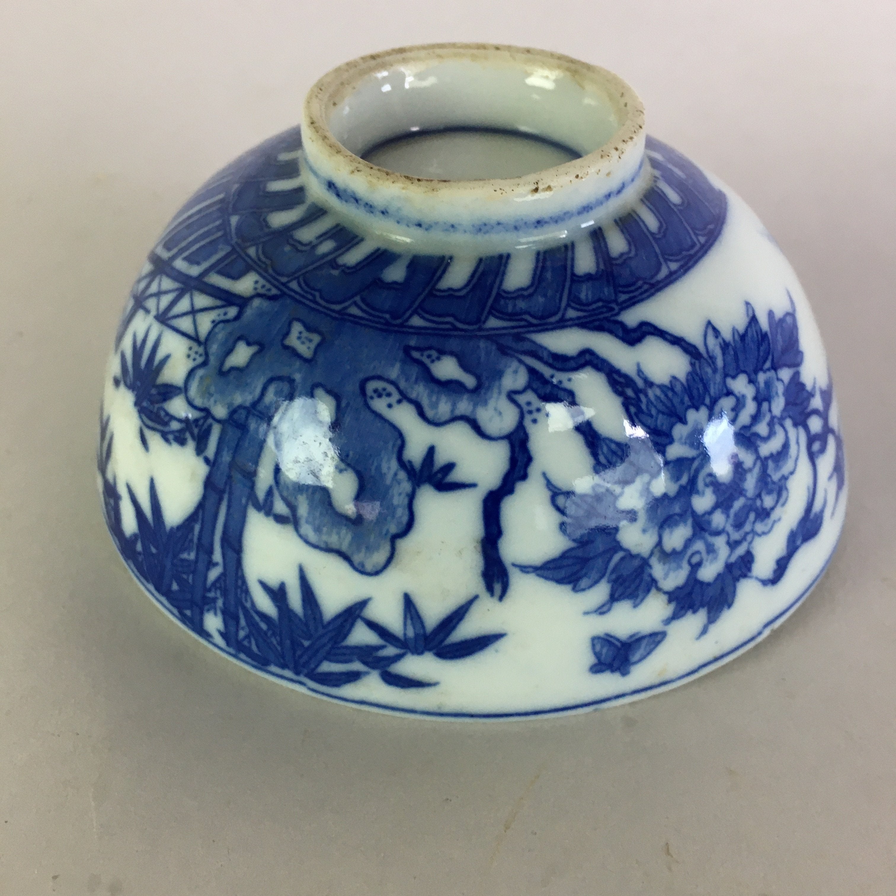 Japanese Porcelain Rice Bowl Vtg Chawan Blue White Sometsuke PP473