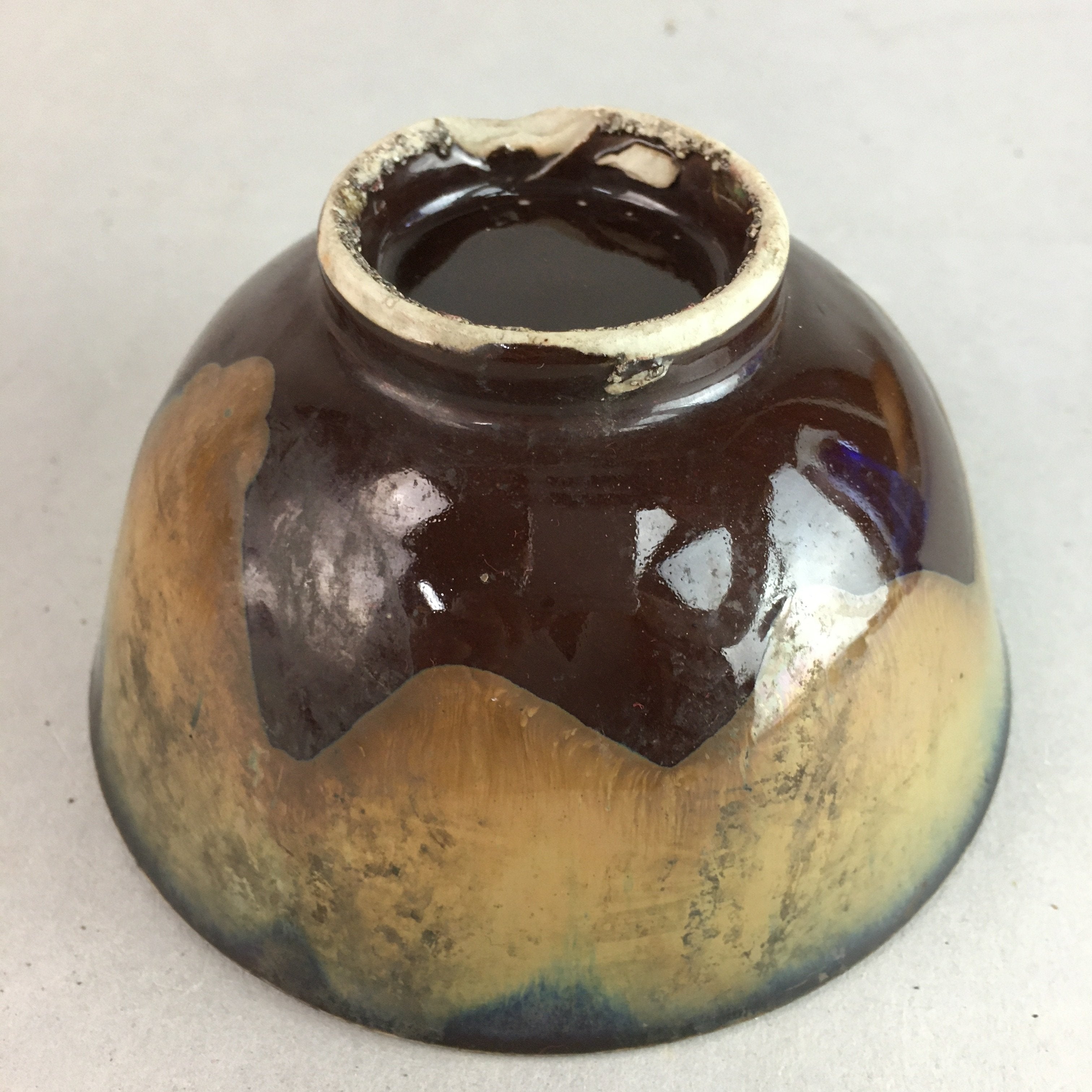 Japanese Porcelain Rice Bowl Vtg Chawan Brown Shiny Smooth Flowing Glaze PP293