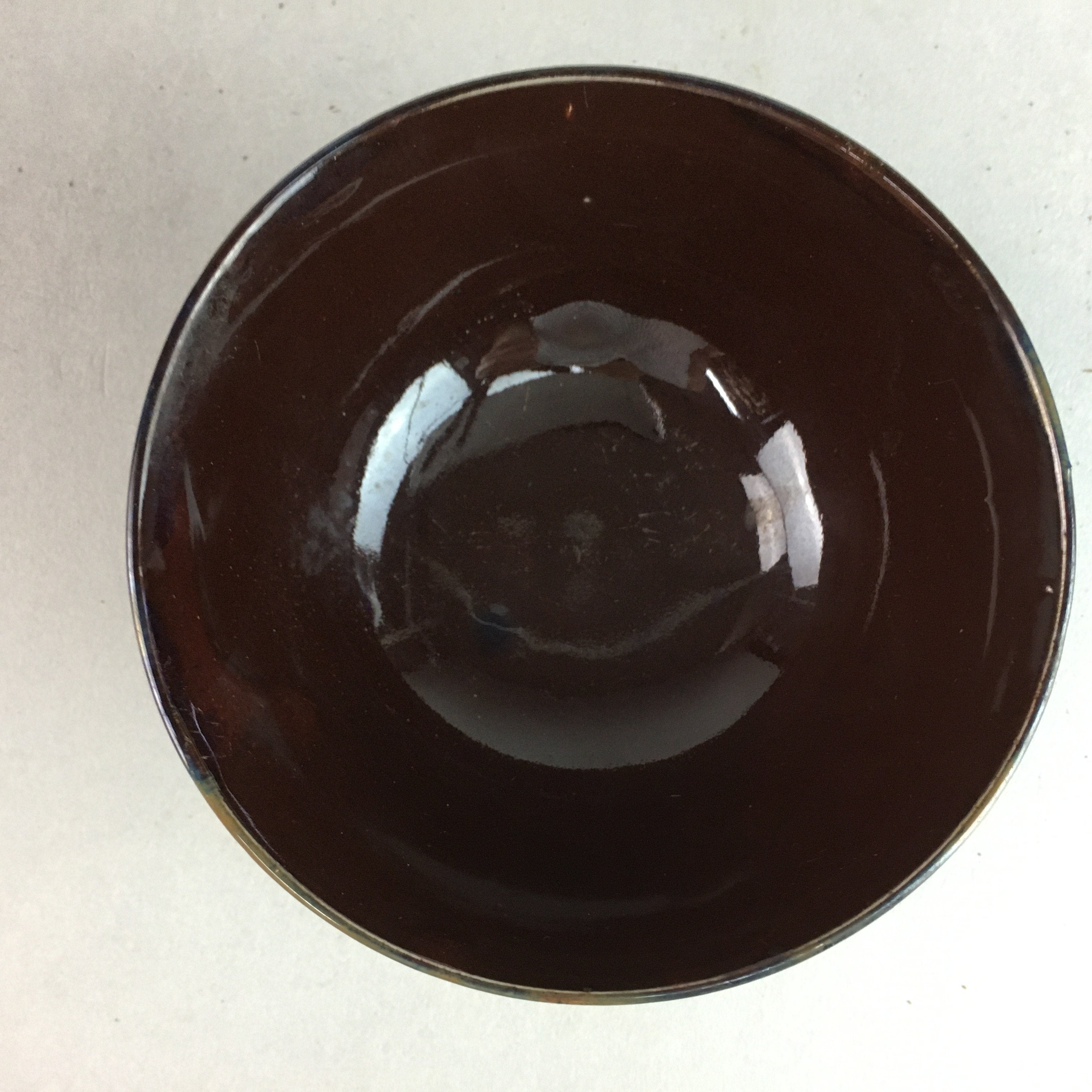 Japanese Porcelain Rice Bowl Vtg Chawan Brown Shiny Smooth Flowing Glaze PP293