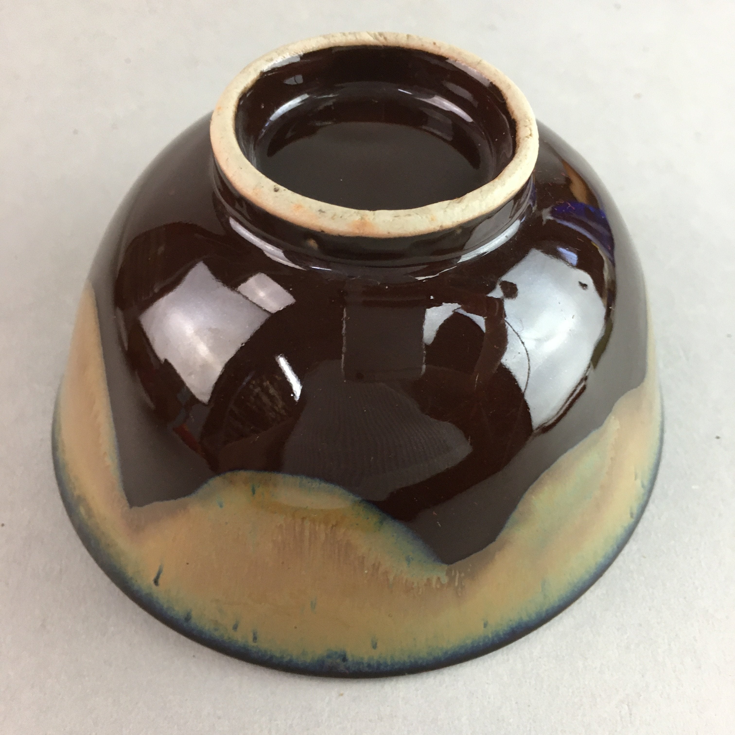 Japanese Porcelain Rice Bowl Vtg Chawan Brown Shiny Smooth Flowing Glaze PP295