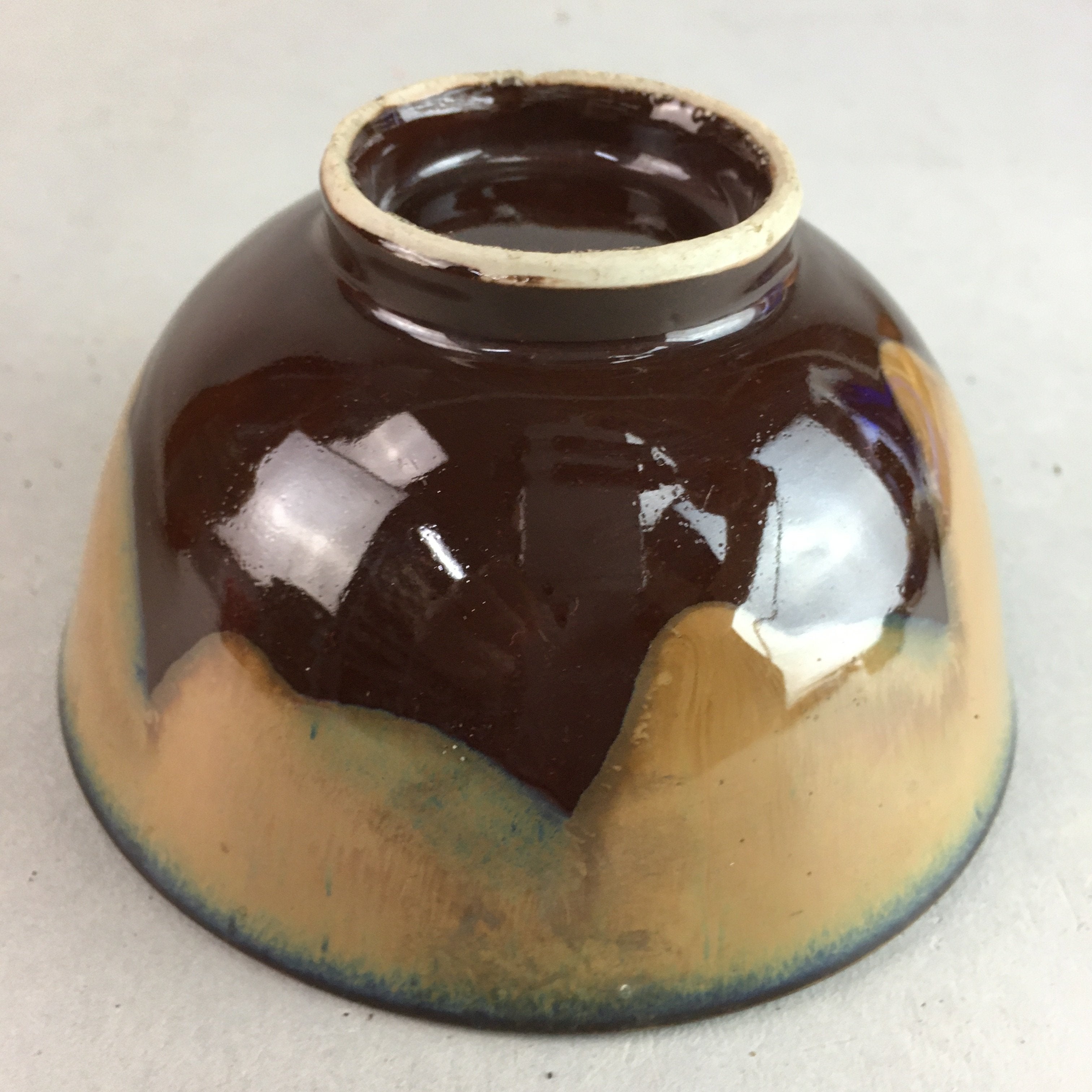Japanese Porcelain Rice Bowl Vtg Chawan Brown Shiny Smooth Flowing Glaze PP296