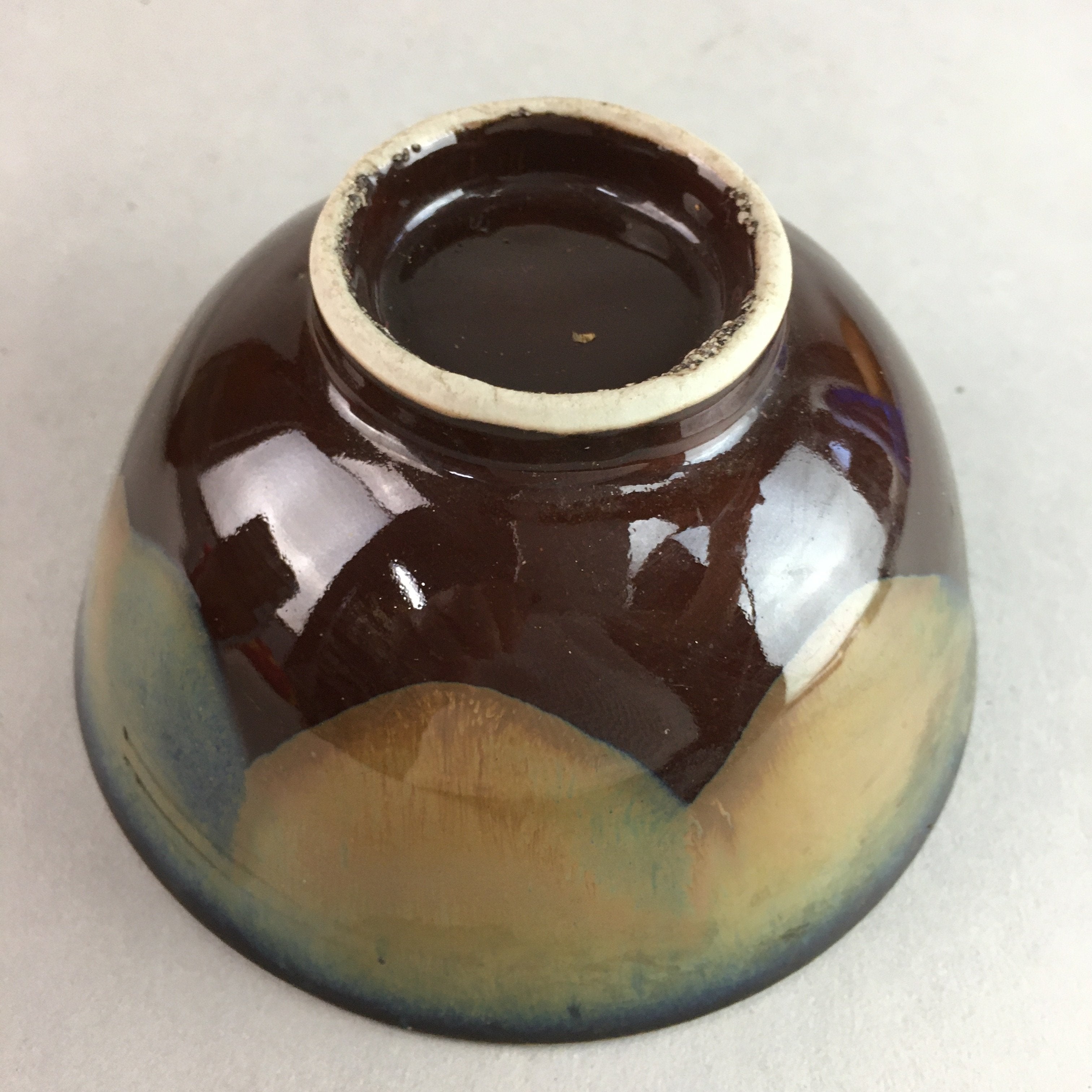 Japanese Porcelain Rice Bowl Vtg Chawan Brown Shiny Smooth Flowing Glaze PP299