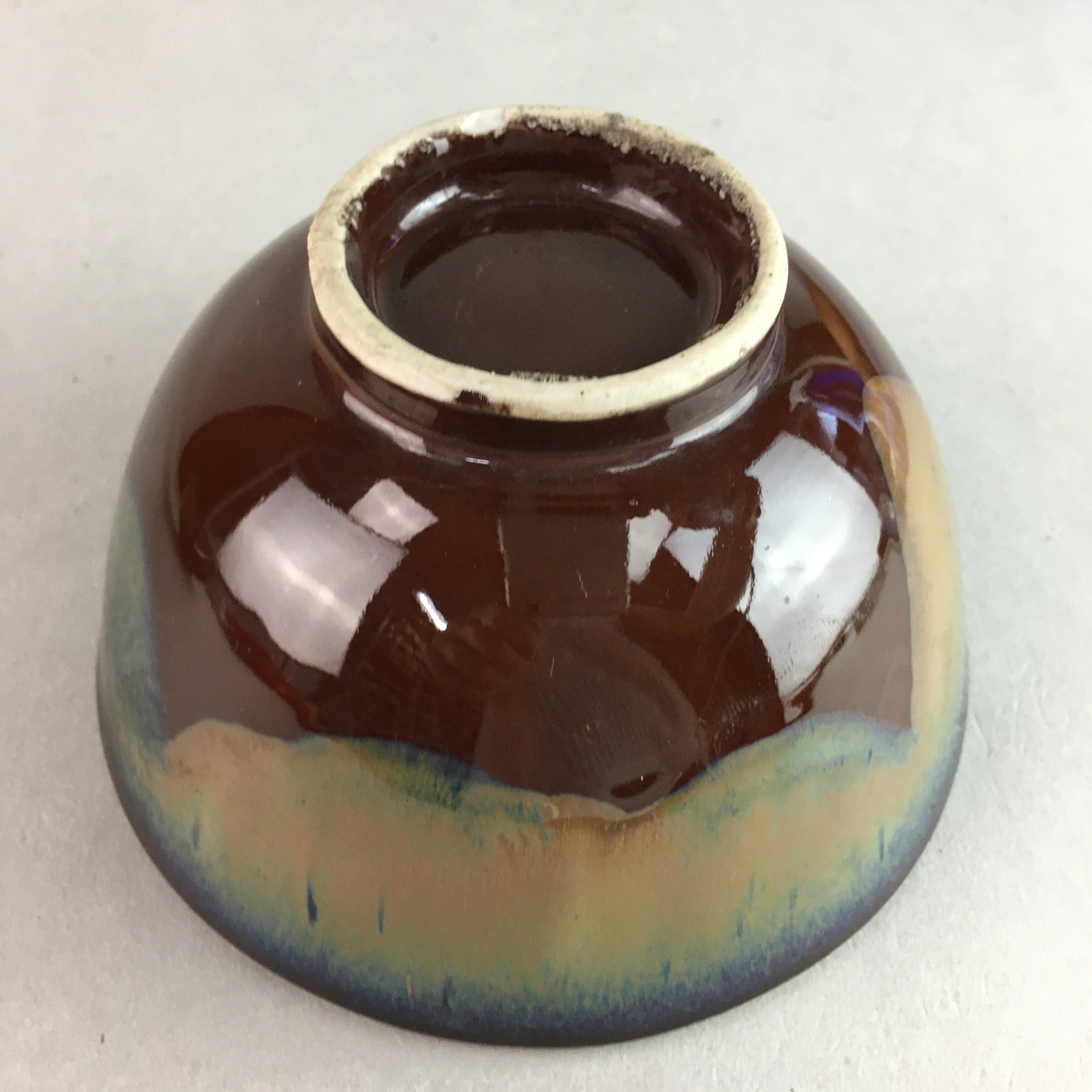 Japanese Porcelain Rice Bowl Vtg Chawan Brown Shiny Smooth Flowing Glaze PP301