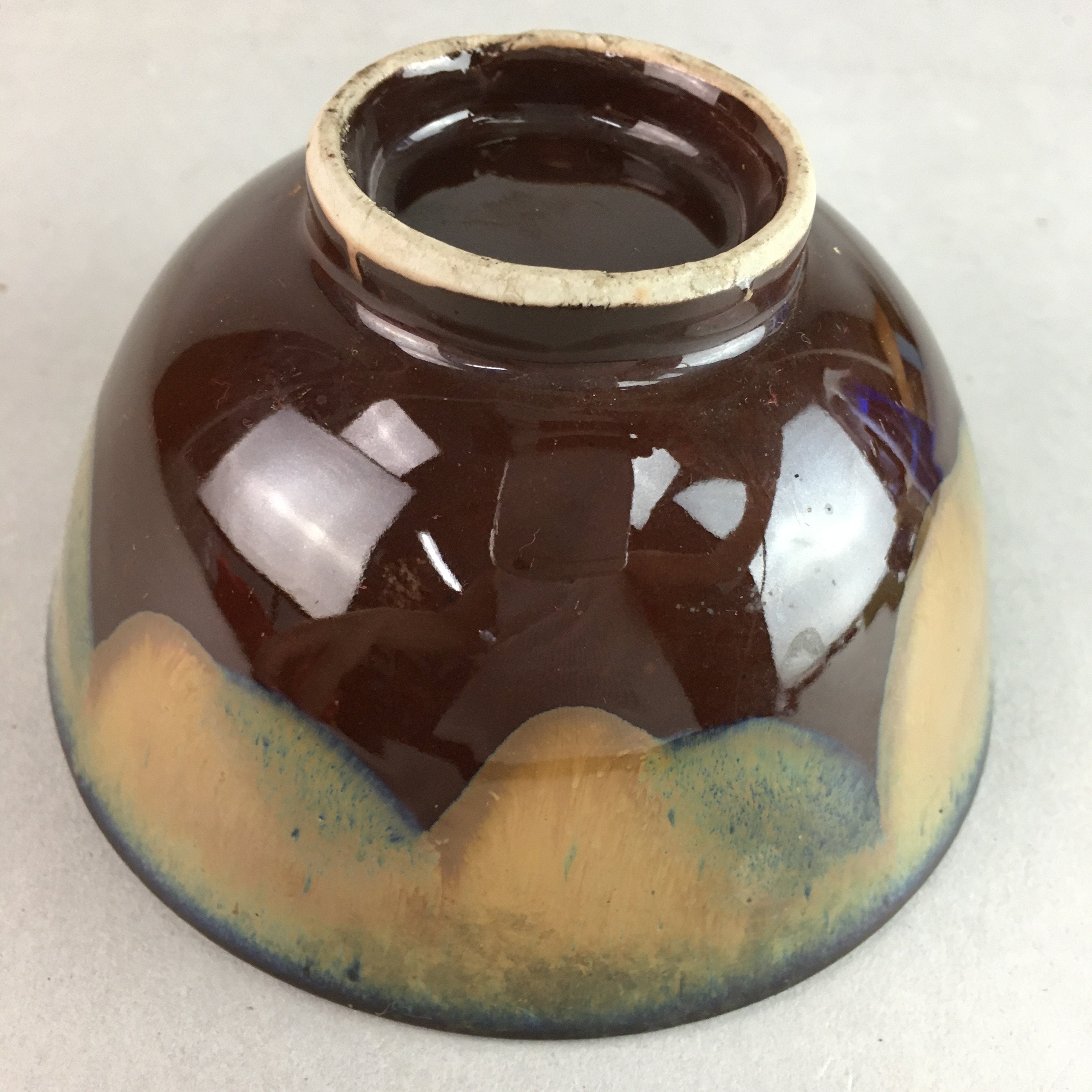 Japanese Porcelain Rice Bowl Vtg Chawan Brown Shiny Smooth Flowing Glaze PP302