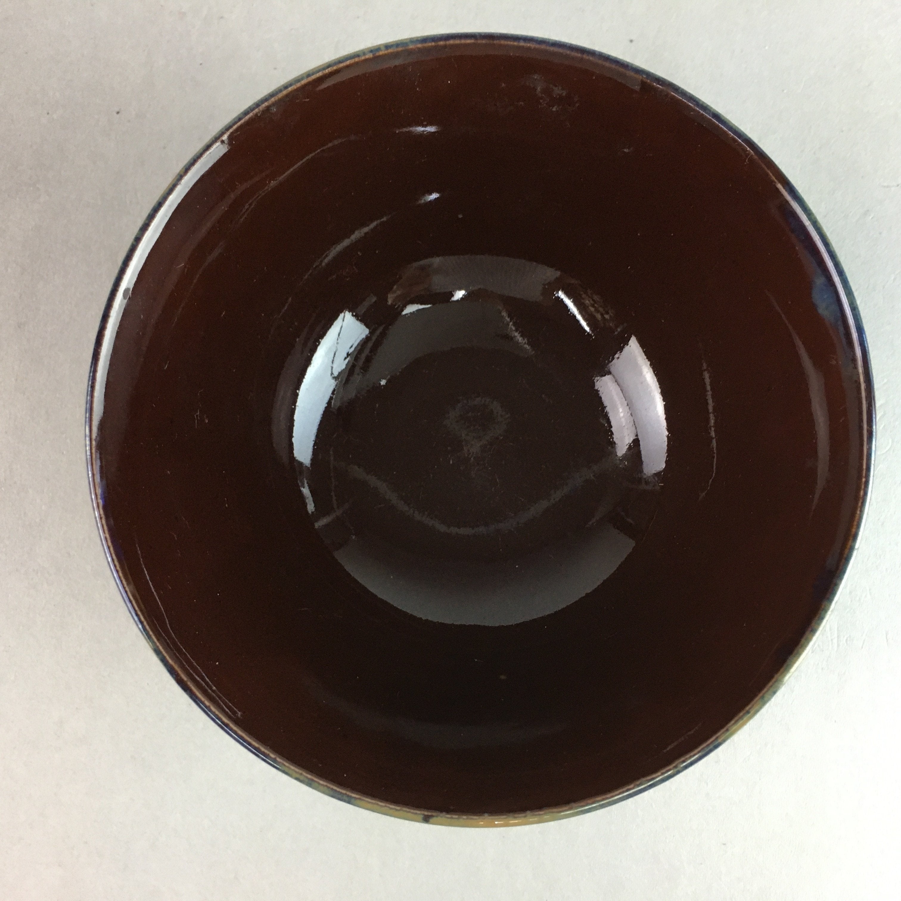 Japanese Porcelain Rice Bowl Vtg Chawan Brown Shiny Smooth Flowing Glaze PP304