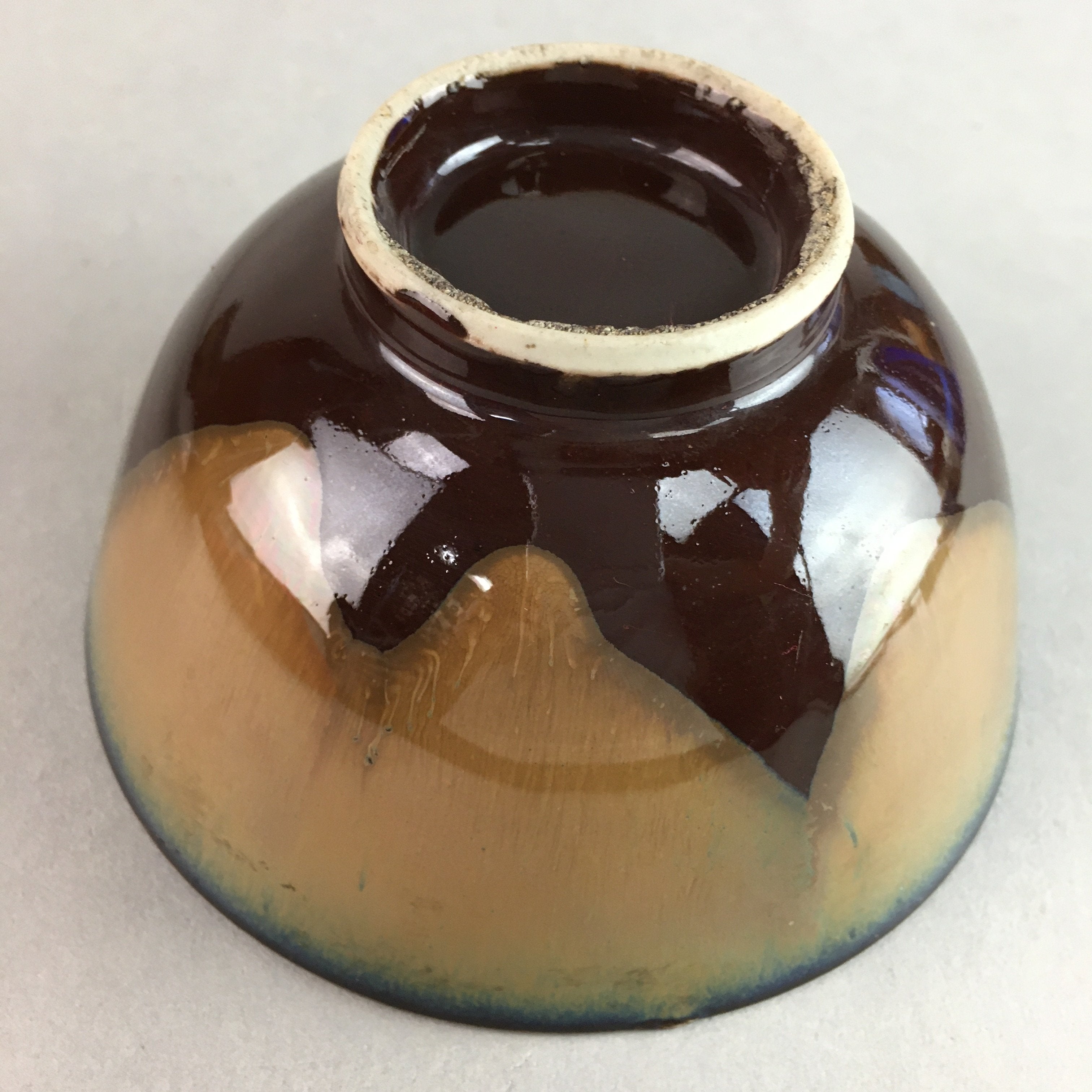 Japanese Porcelain Rice Bowl Vtg Chawan Brown Shiny Smooth Flowing Glaze PP305