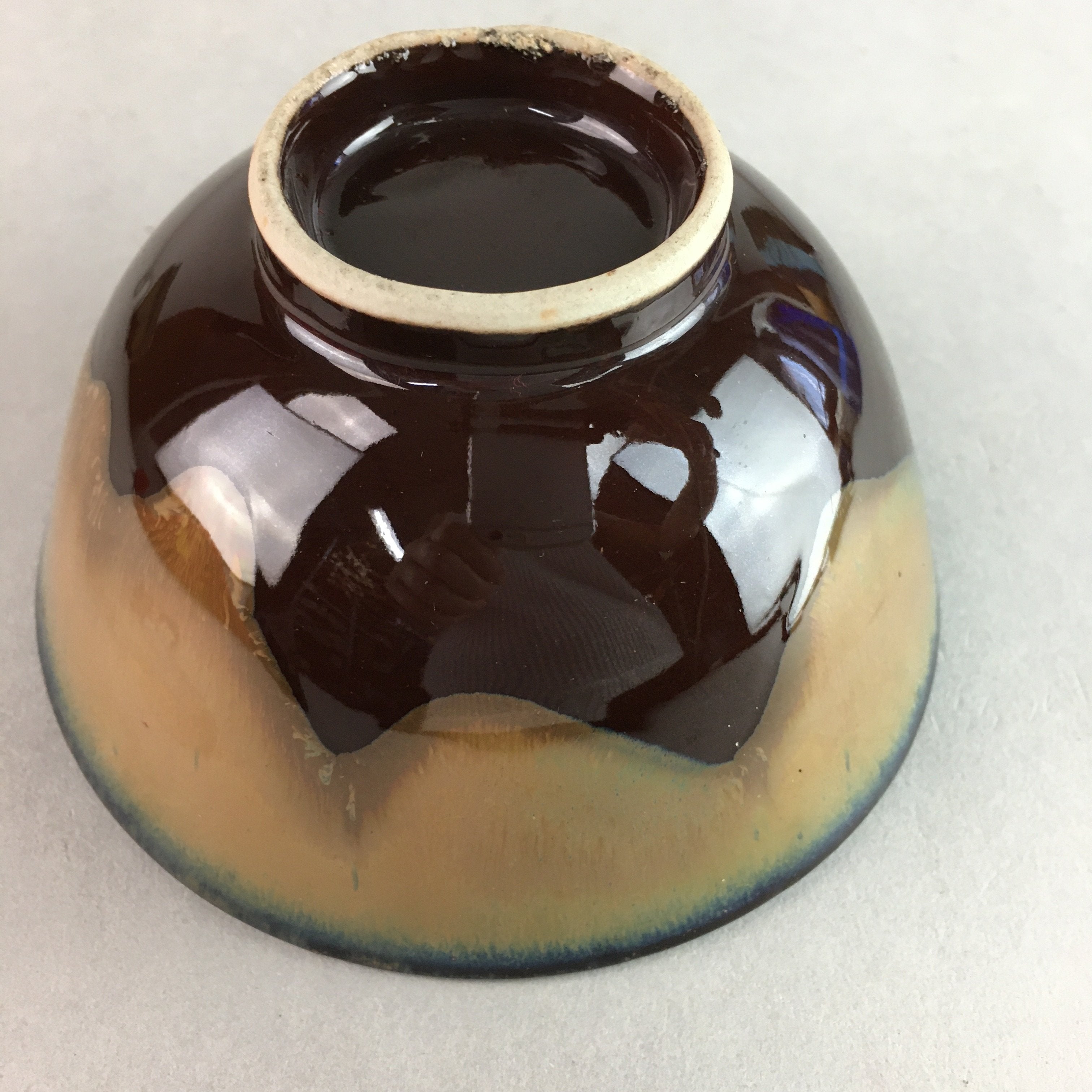 Japanese Porcelain Rice Bowl Vtg Chawan Brown Shiny Smooth Flowing Glaze PP307