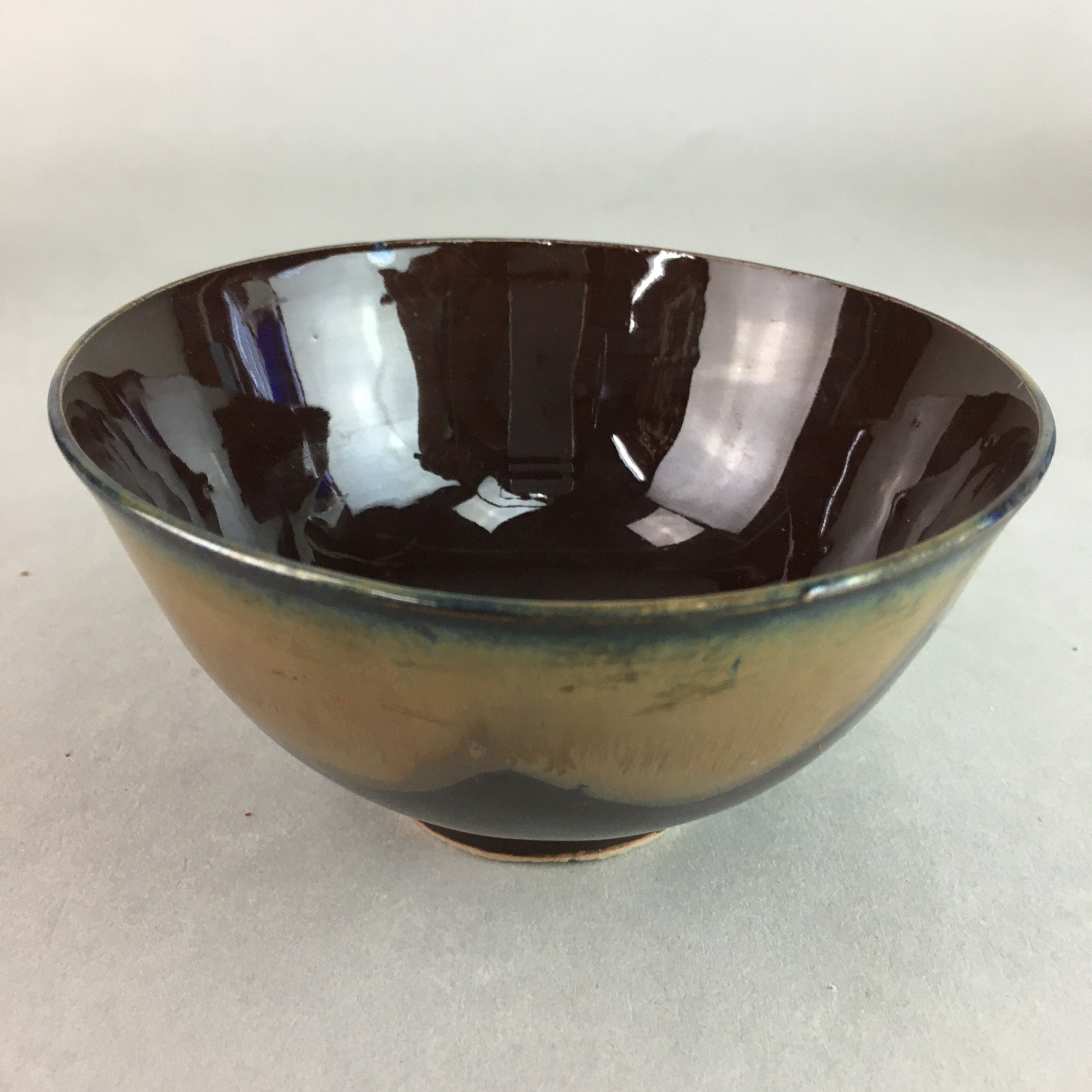 Japanese Porcelain Rice Bowl Vtg Chawan Brown Shiny Smooth Flowing Glaze PP307