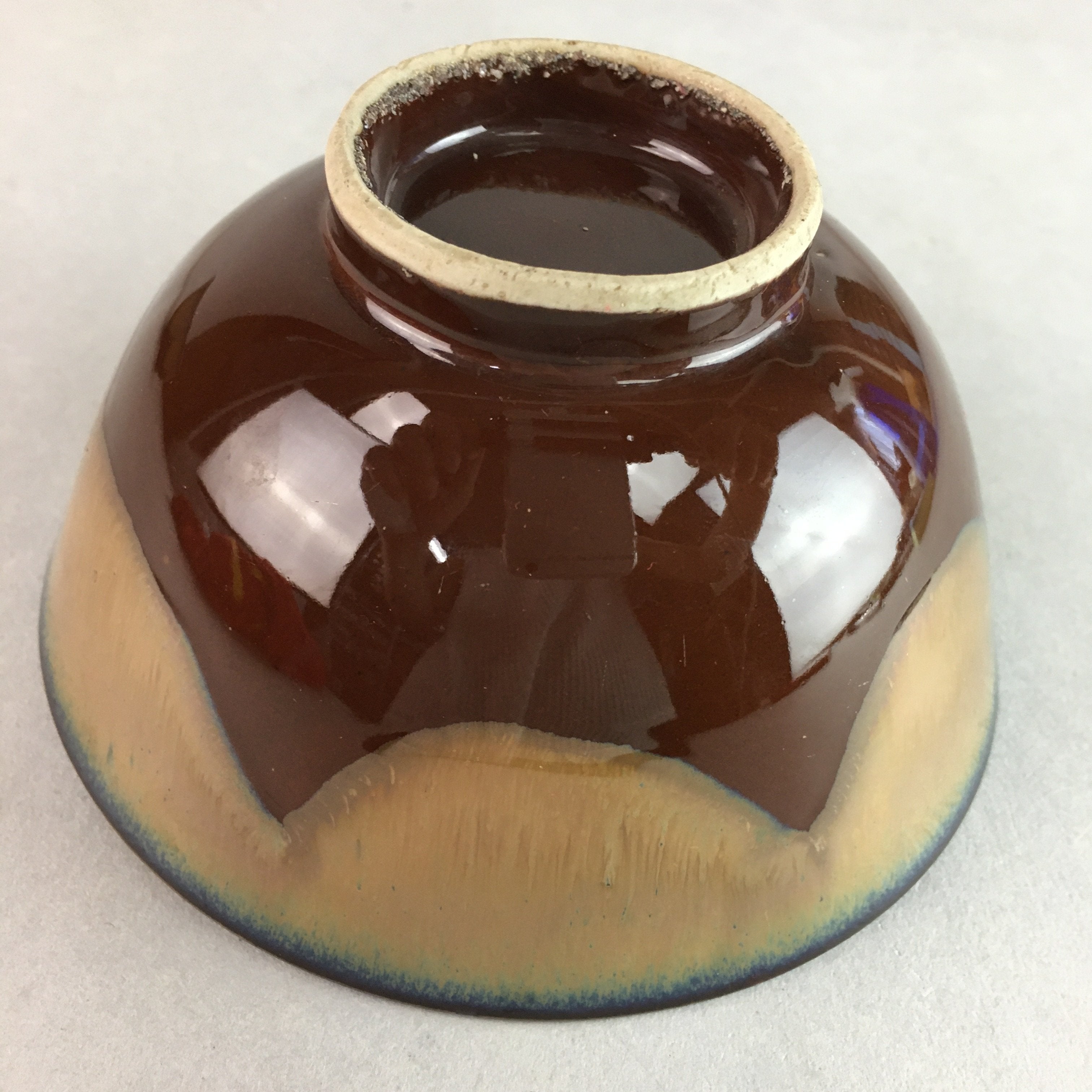 Japanese Porcelain Rice Bowl Vtg Chawan Brown Shiny Smooth Flowing Glaze PP308